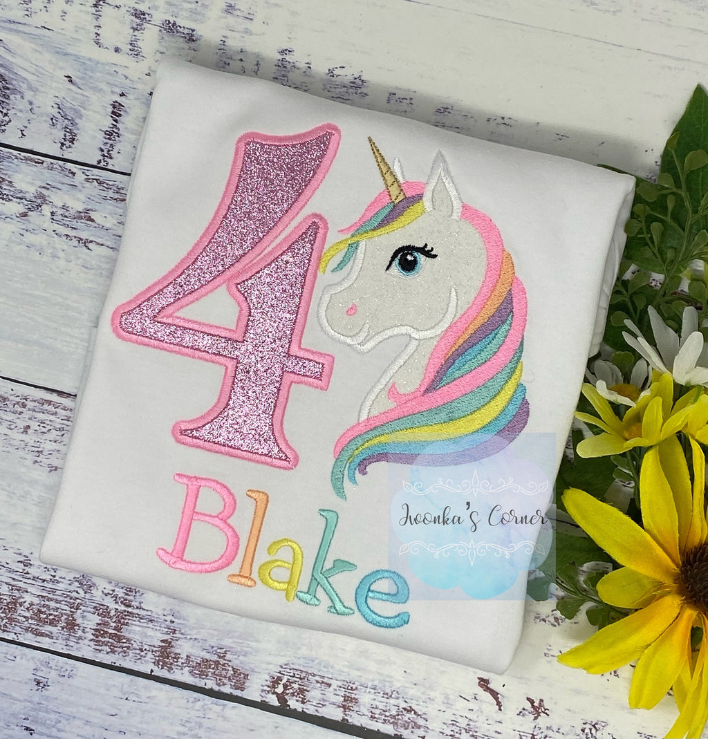 4th Birthday Pastel Unicorn Shirt, Girl Rainbow Pastel Unicorn Birthday Outfit, Rainbow Unicorn outfit, Unicorn embroidery, Any age