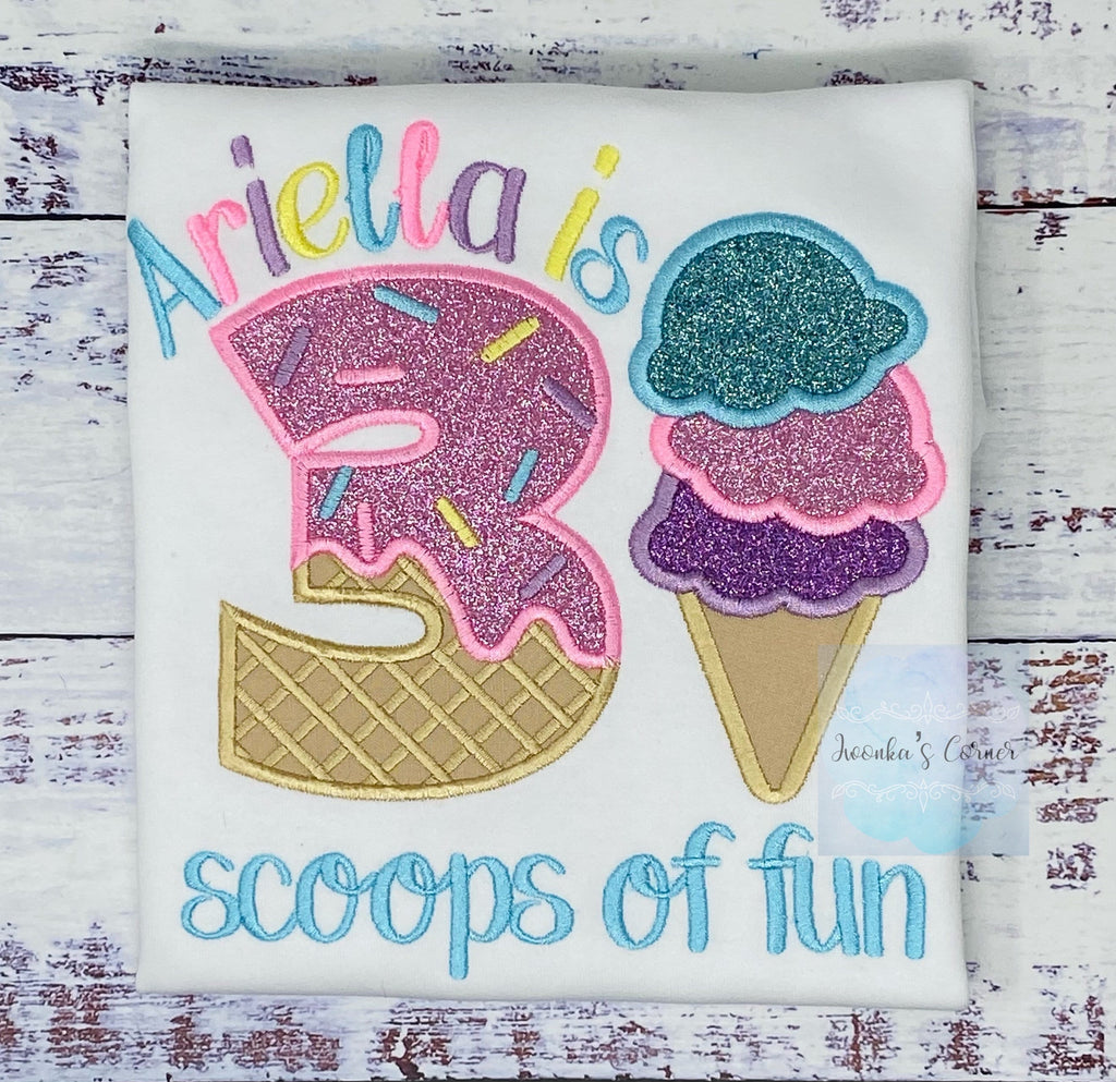 Girl Ice Cream 3 “Scoop of fun” birthday shirt, Sweet Ice Cream cone Theme Party, Pastel sweet birthday tee