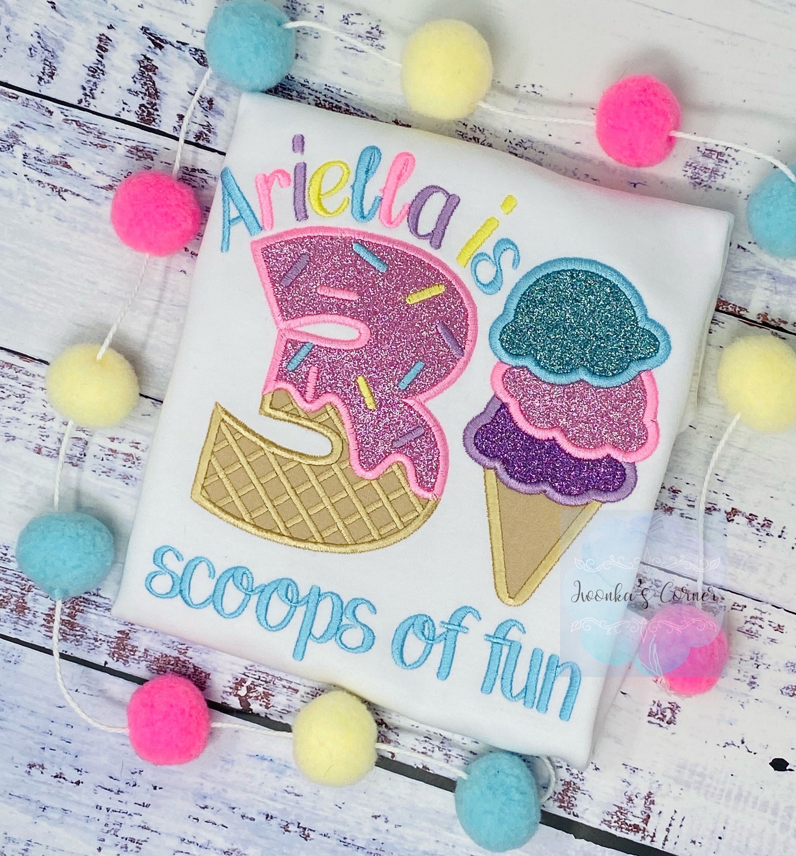 Girl Ice Cream 3 “Scoop of fun” birthday shirt, Sweet Ice Cream cone Theme Party, Pastel sweet birthday tee