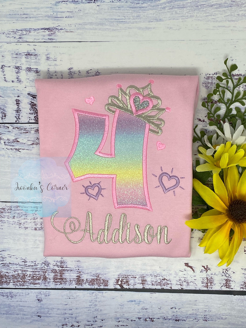 4th birthday tee for girl, Princess birthday shirt, Number with crown birthday shirt, Sparkly silver tiara, Matallic thread embroidery.