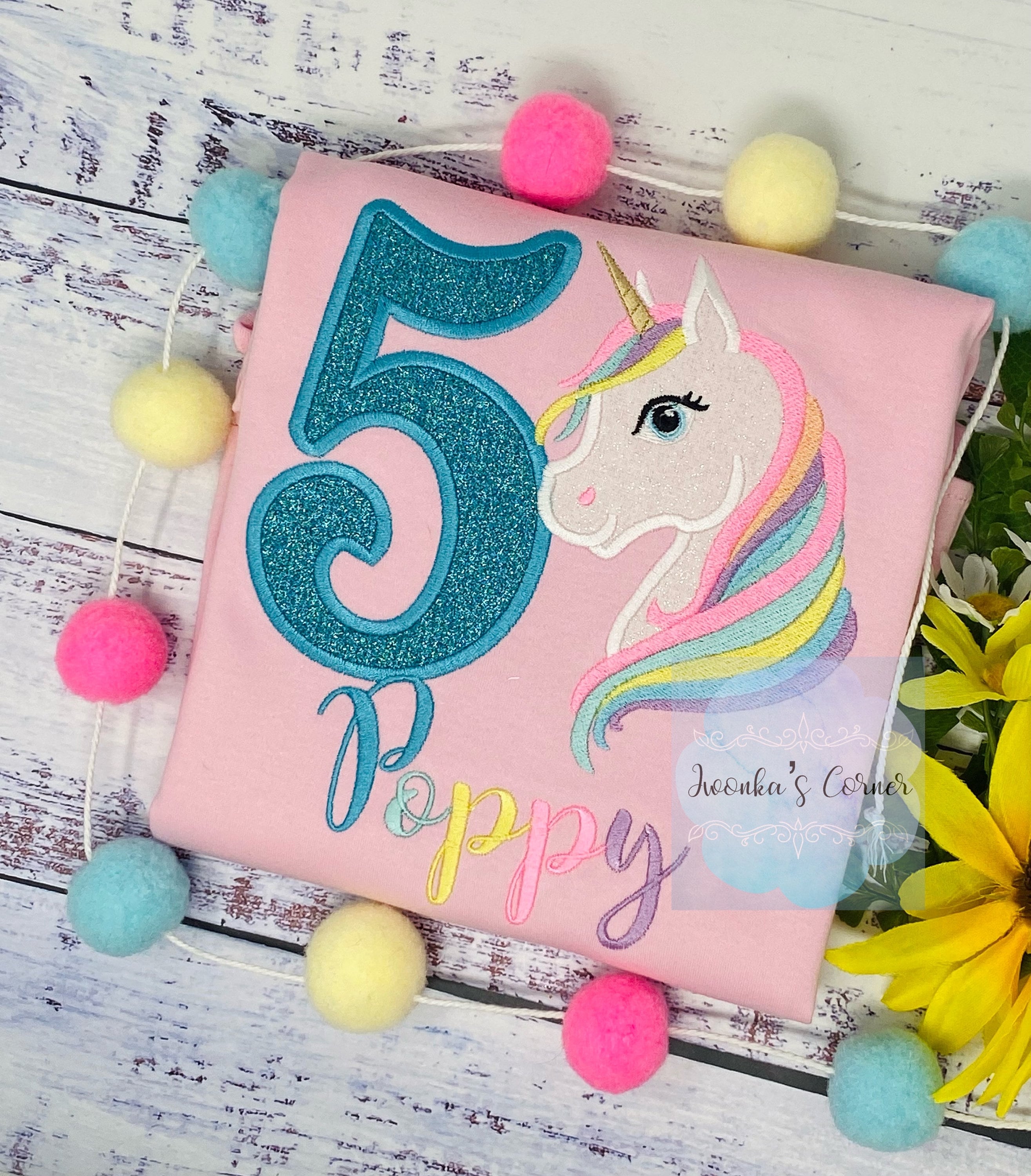 5th Birthday Pastel Unicorn Shirt, Girl Rainbow Pastel Unicorn Birthday, Rainbow Unicorn outfit, Unicorn embroidery, Any age, Turquoise