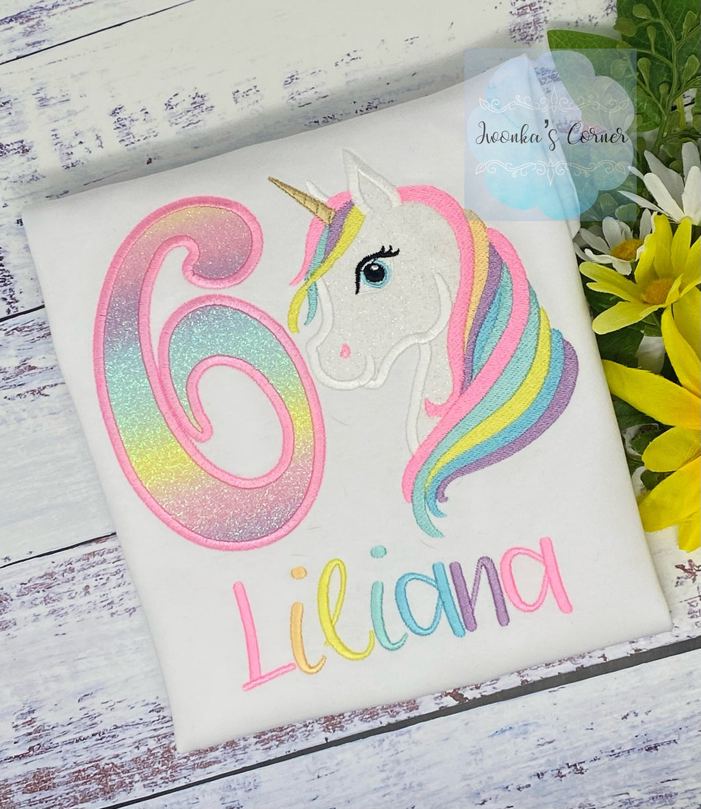 6th Birthday Pastel Unicorn and number Shirt, Girl Rainbow Pastel Unicorn Birthday, Rainbow Unicorn outfit, Unicorn embroidery, Any age