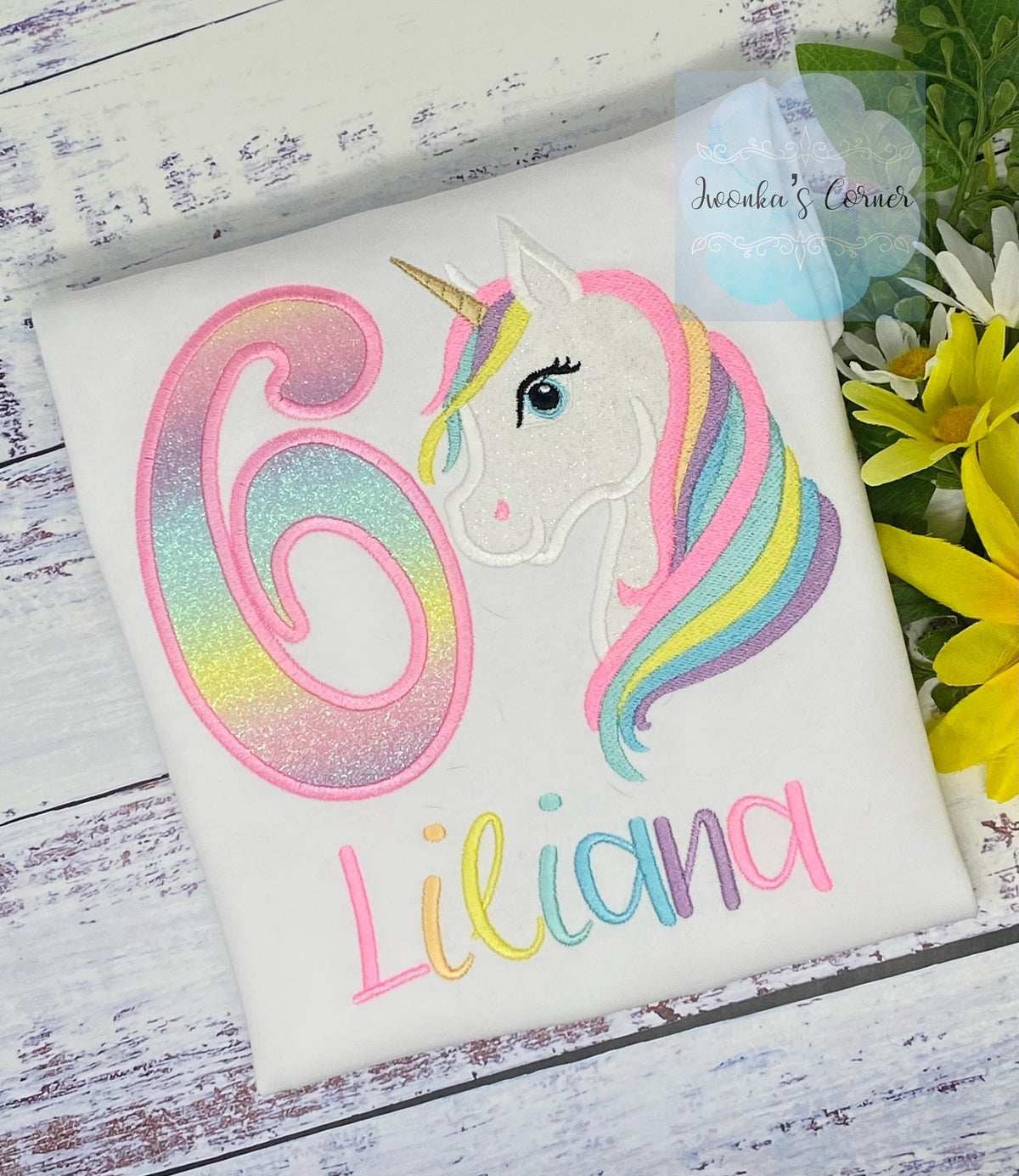 6th Birthday Pastel Unicorn and number Shirt, Girl Rainbow Pastel Unicorn Birthday, Rainbow Unicorn outfit, Unicorn embroidery, Any age