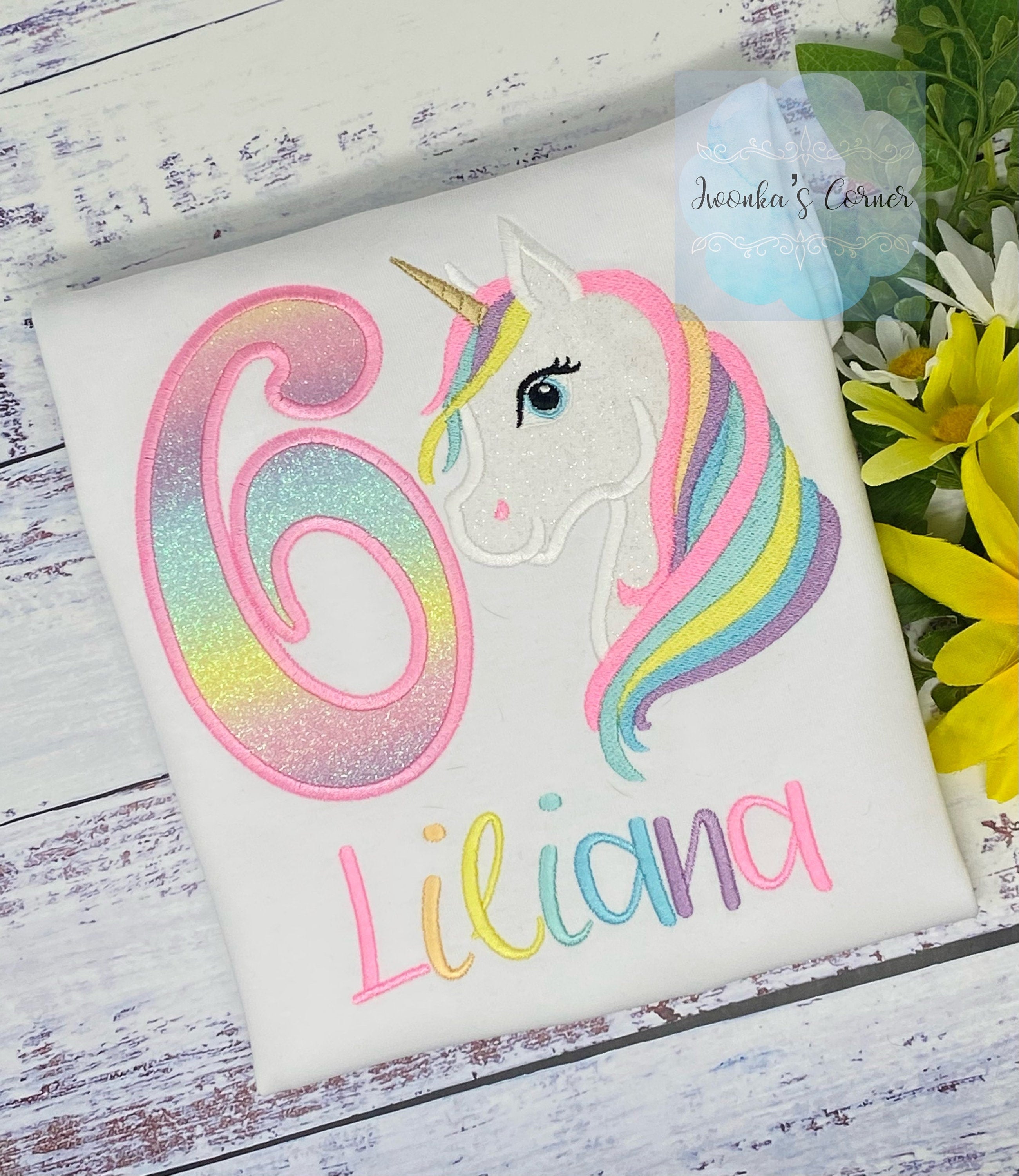 6th Birthday Pastel Unicorn and number Shirt, Girl Rainbow Pastel Unicorn Birthday, Rainbow Unicorn outfit, Unicorn embroidery, Any age