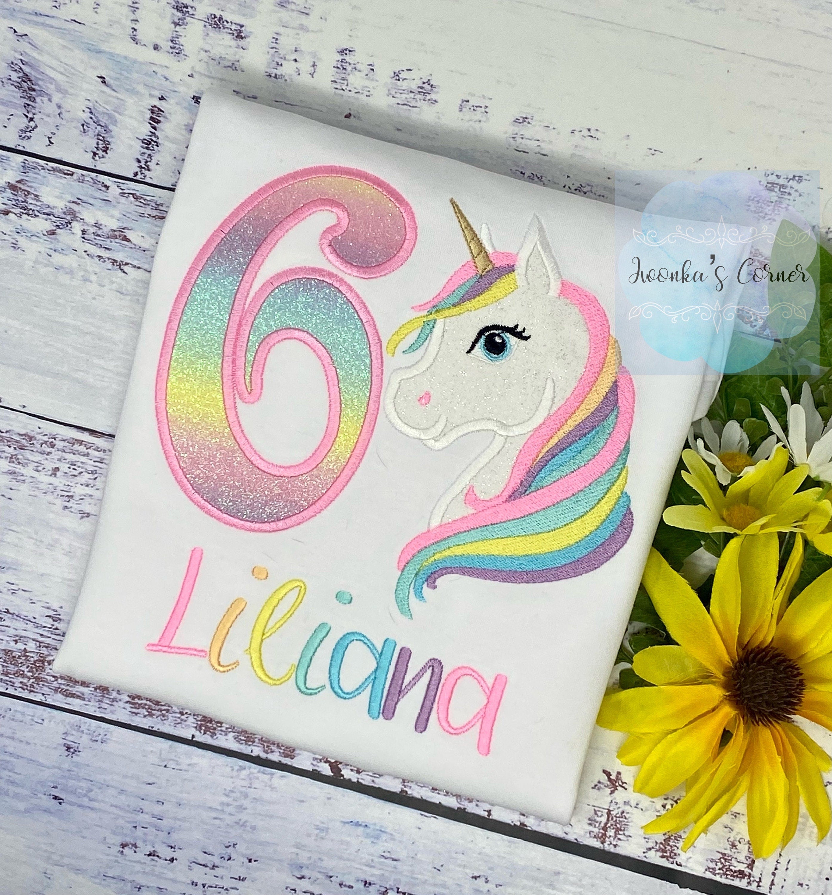 6th Birthday Pastel Unicorn and number Shirt, Girl Rainbow Pastel Unicorn Birthday, Rainbow Unicorn outfit, Unicorn embroidery, Any age