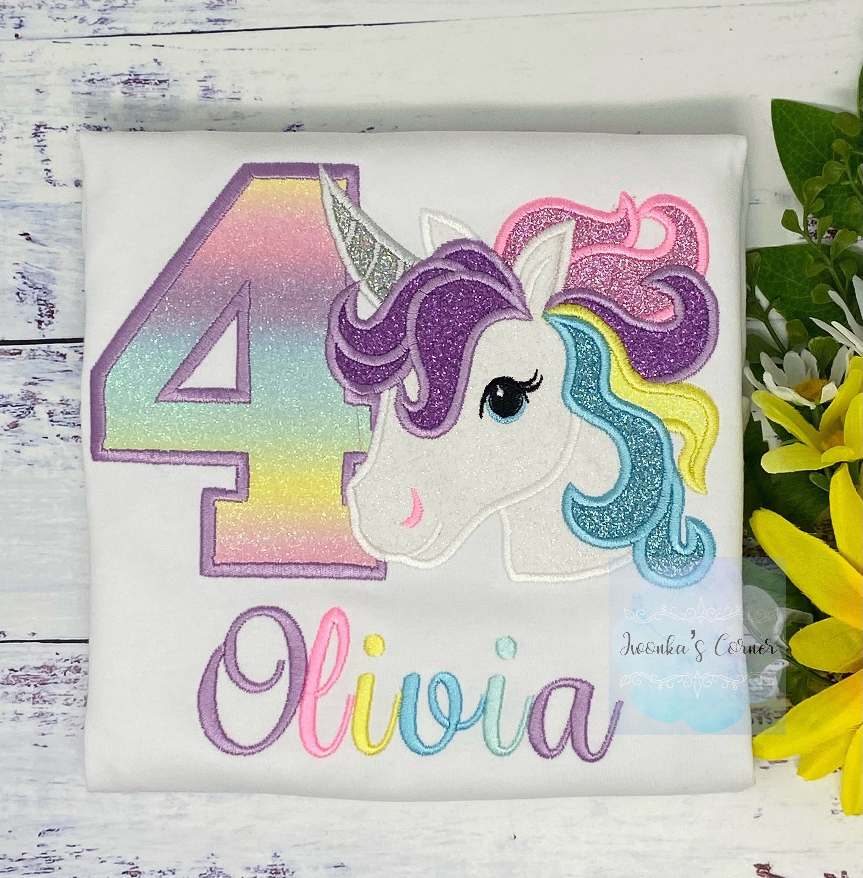 Girl 4th Rainbow Pastel Unicorn Birthday, 6th Birthday Pastel Unicorn Shirt, Unicorn birthday, Rainbow Unicorn, Custom Uni Embroidery