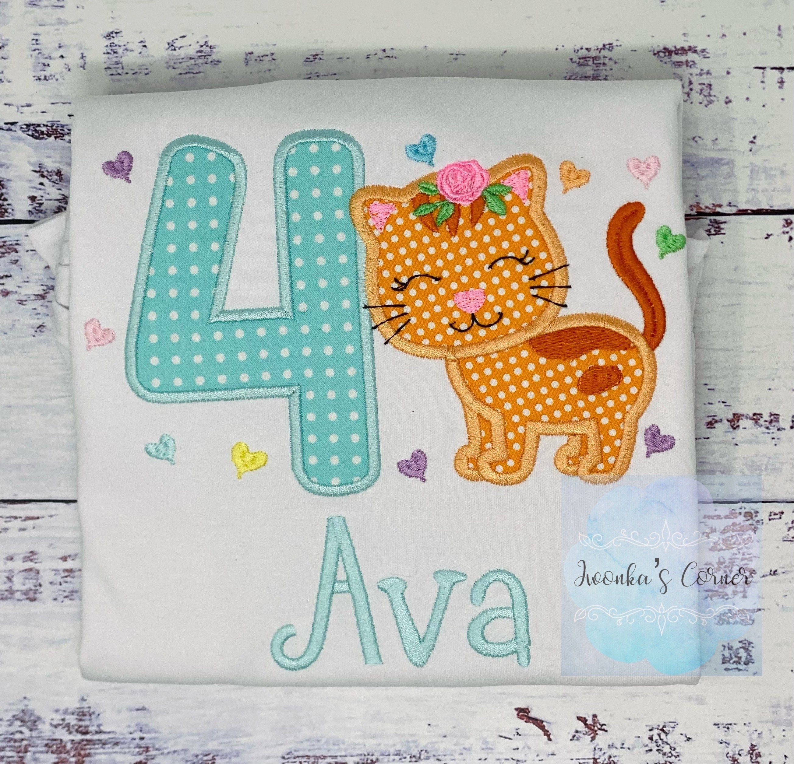 Girl 4th Birthday ruffle Shirt with Kitten, Personalized Shirt with Cute orange Cat, Polka dot kitty shirt