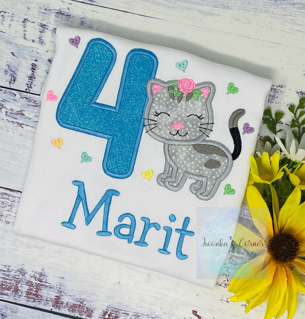 Girl 4th Birthday Shirt with Kitten, Personalized Shirt with Cute Grey Cat, Tee with cat