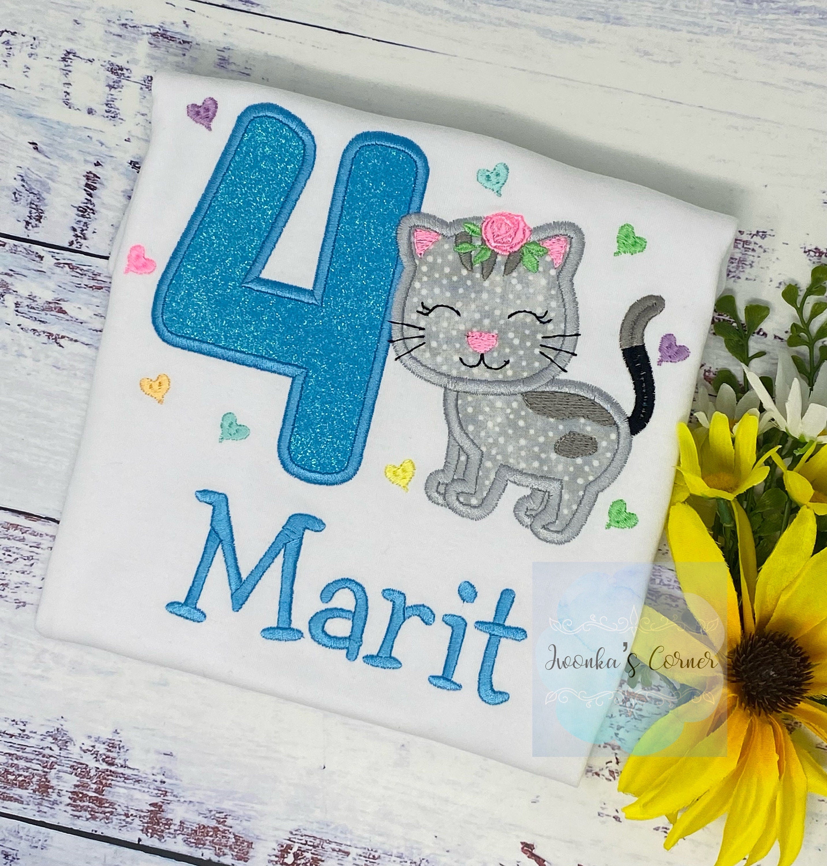 Girl 4th Birthday Shirt with Kitten, Personalized Shirt with Cute Grey Cat, Tee with cat