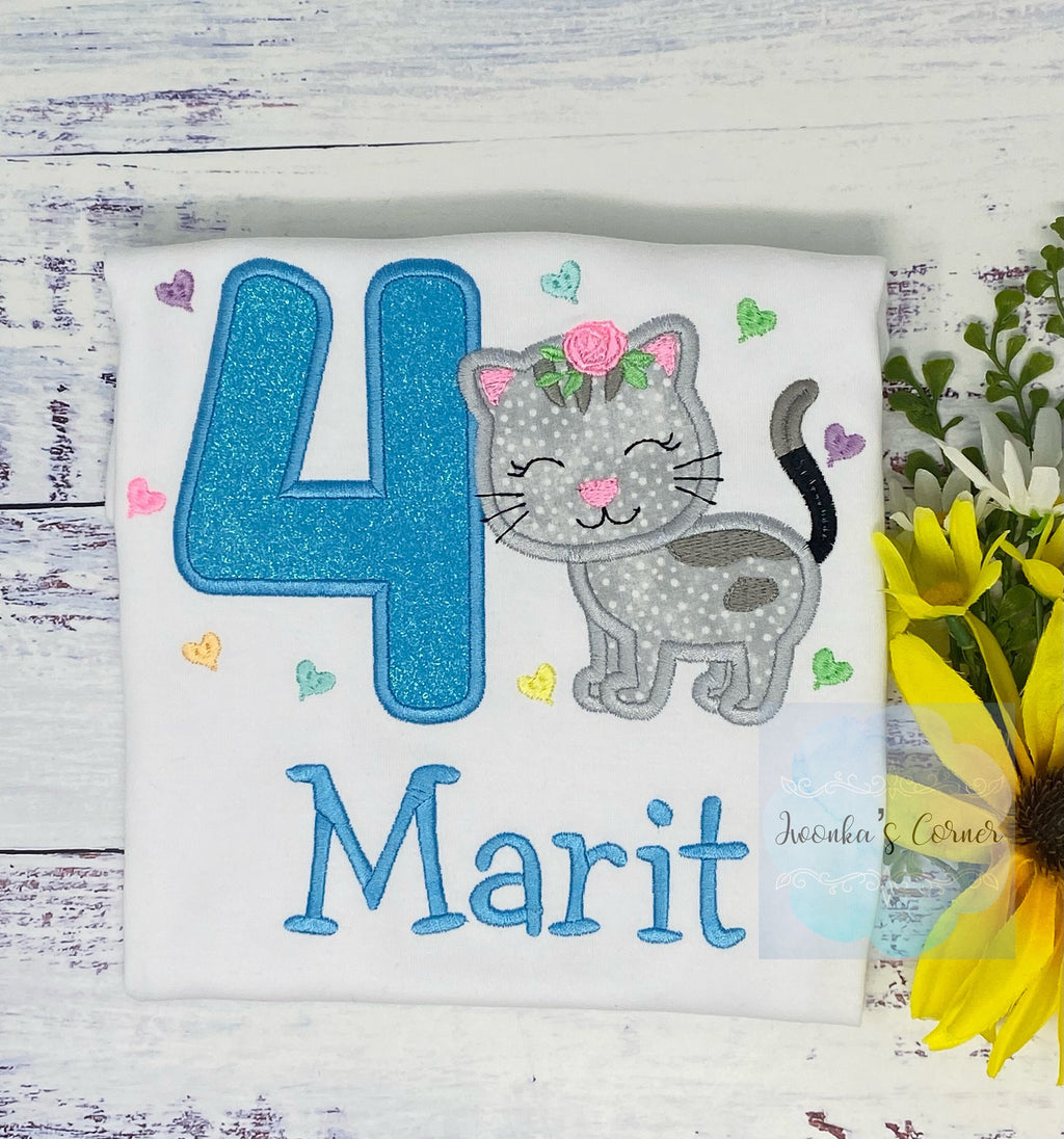 Girl 4th Birthday Shirt with Kitten, Personalized Shirt with Cute Grey Cat, Tee with cat