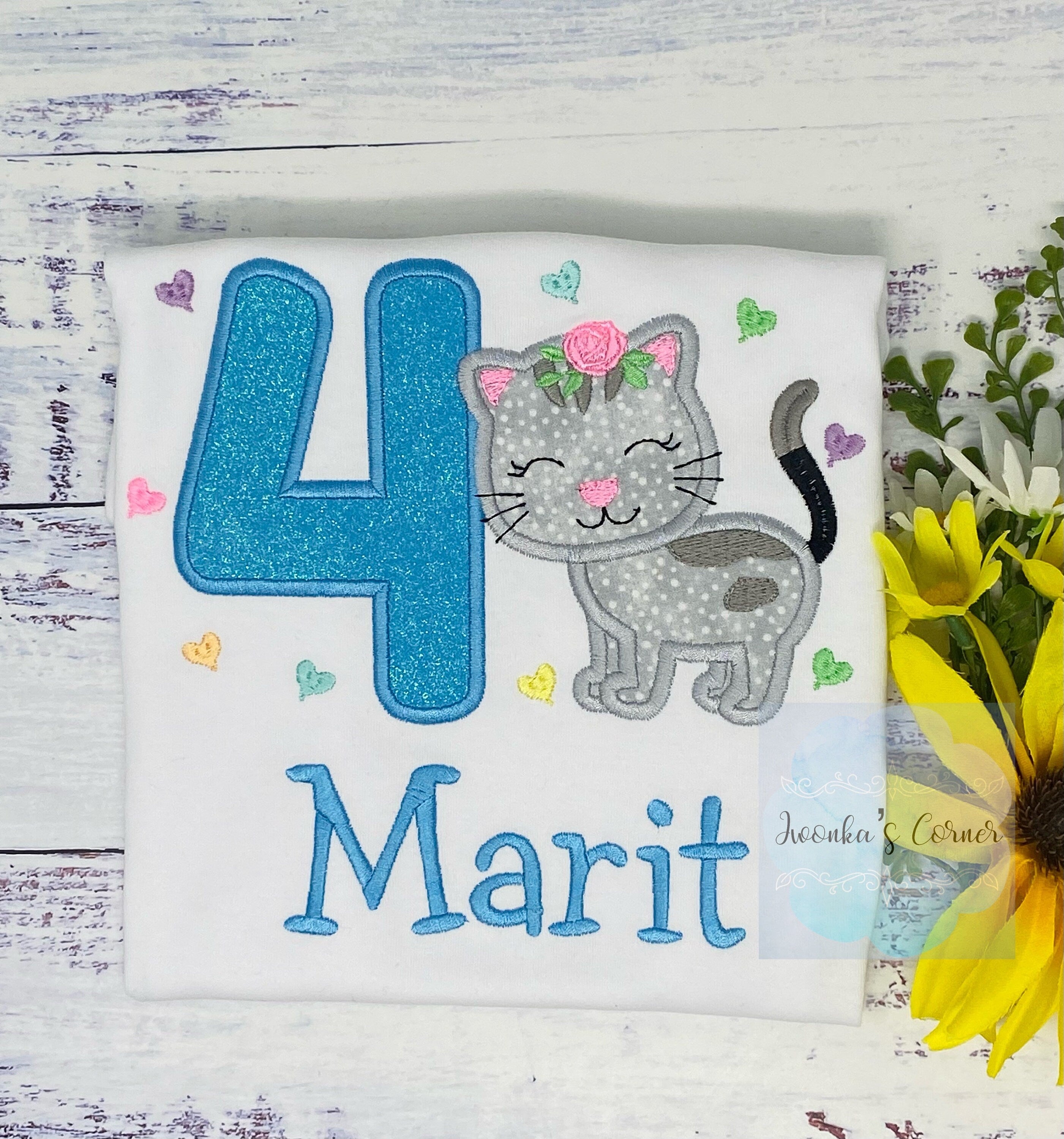 Girl 4th Birthday Shirt with Kitten, Personalized Shirt with Cute Grey Cat, Tee with cat