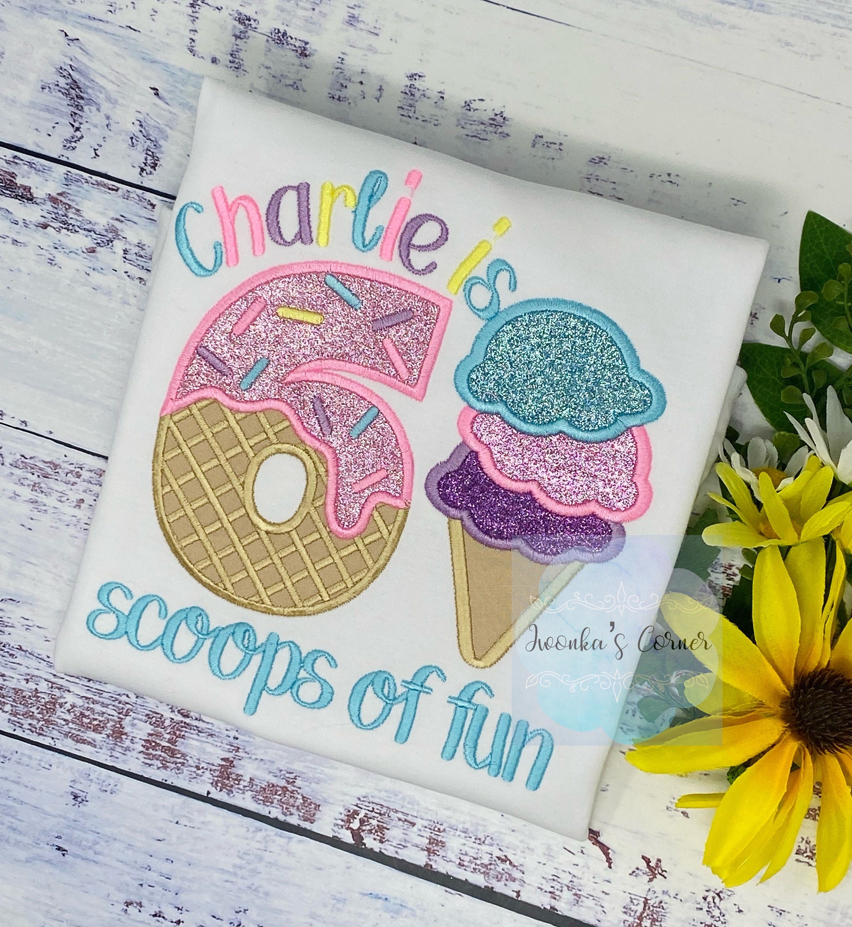 Girl Ice Cream 6 “Scoop of fun” birthday shirt, Sweet Ice Cream cone Theme Party, Pastel sweet birthday tee,
