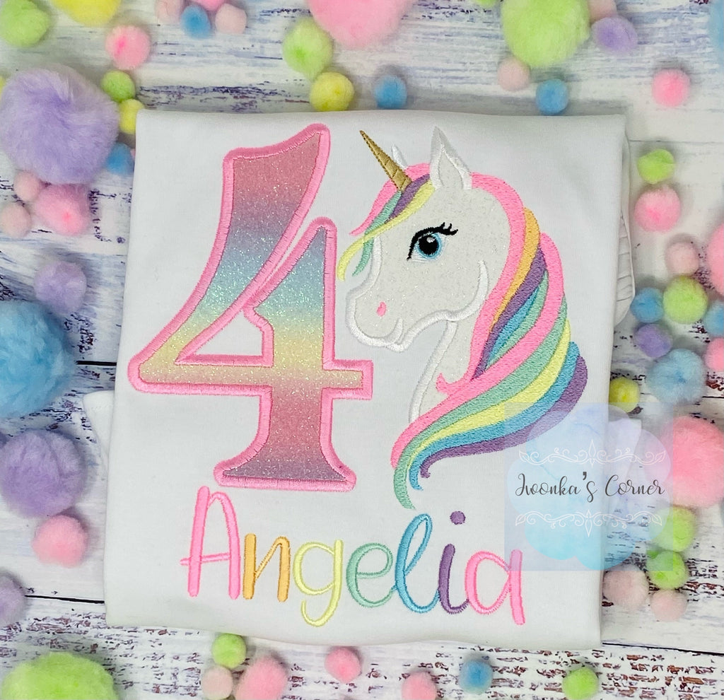 Tami…Girl 4th Birthday Pastel Unicorn and number Shirt, Girl Rainbow Pastel Unicorn Birthday, Rainbow Uni, Unicorn embroidery