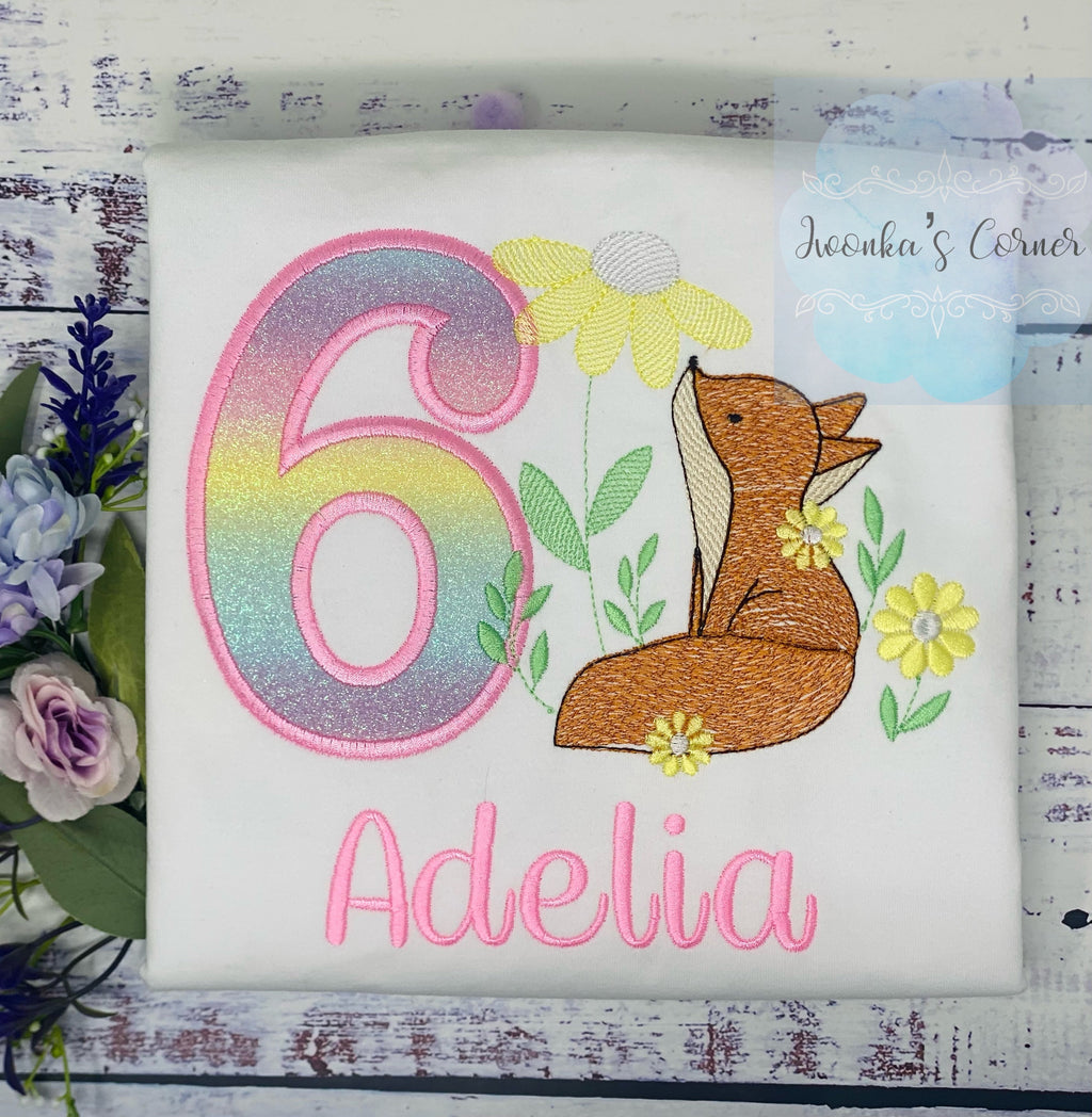 Girl embroidered shirt with fox, Fox birthday theme party, 5th birthday red fox tee