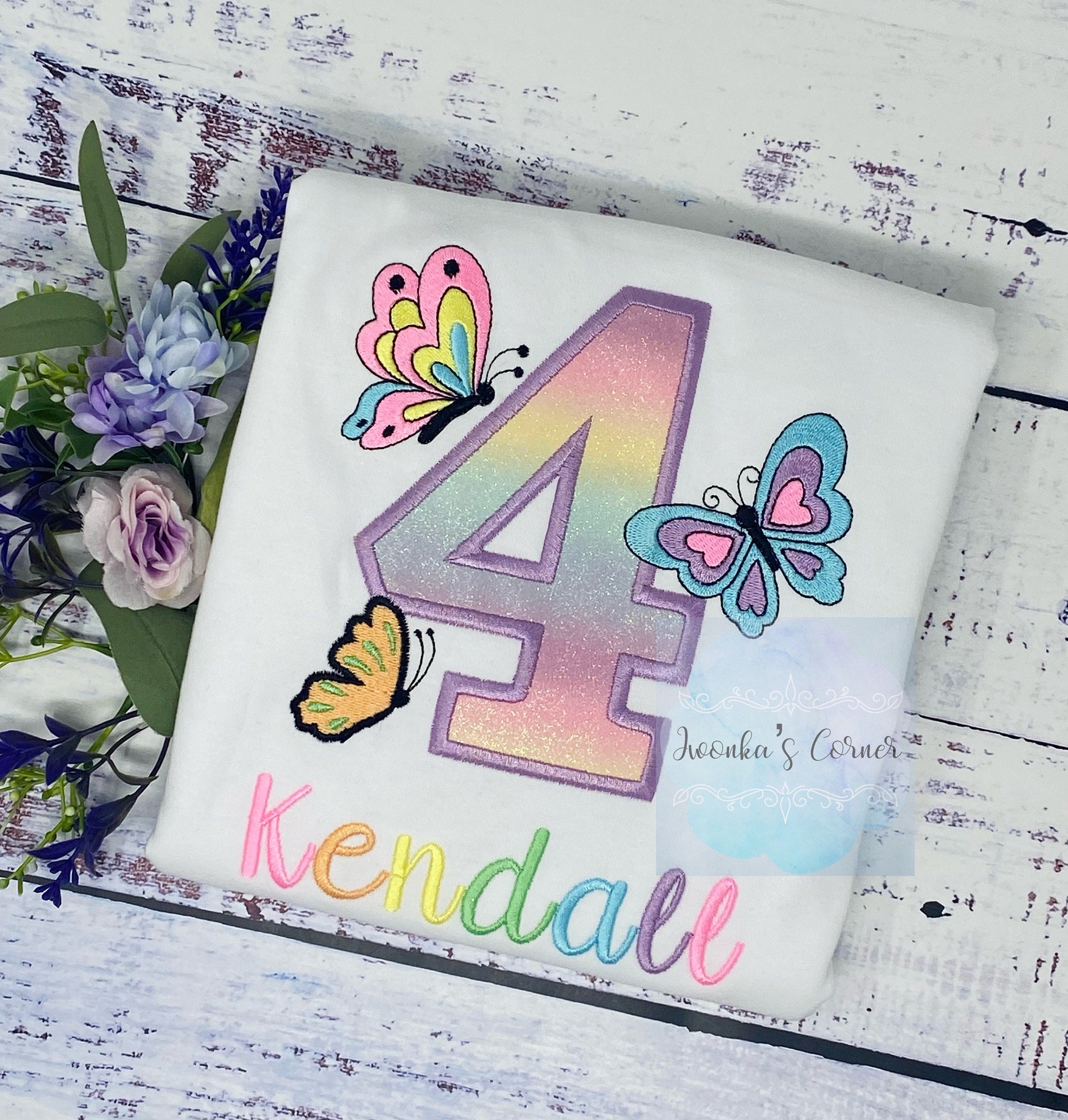 Girl embroidered shirt with pastel butterflies, Butterfly birthday theme party, 4th birthday colorful monarch butterfly embroidery