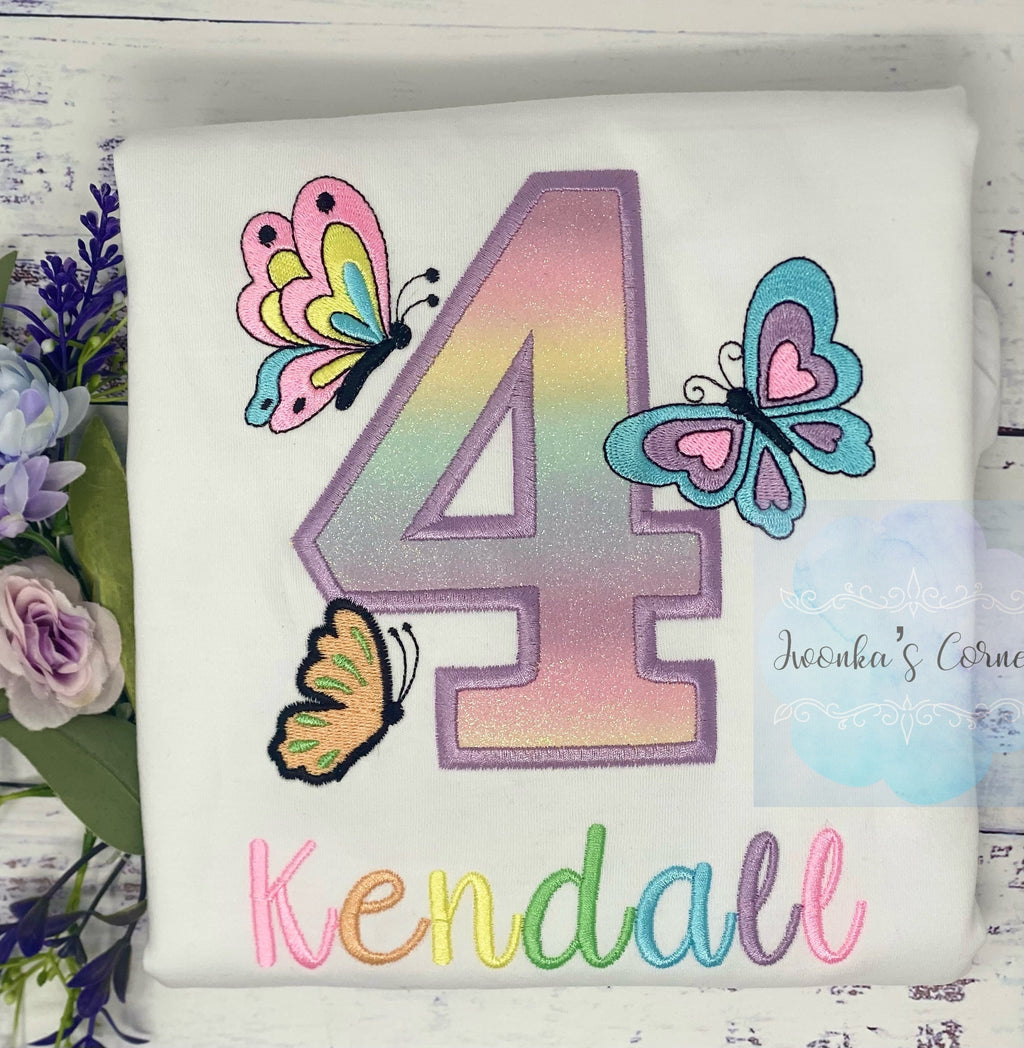 Girl embroidered shirt with pastel butterflies, Butterfly birthday theme party, 4th birthday colorful monarch butterfly embroidery