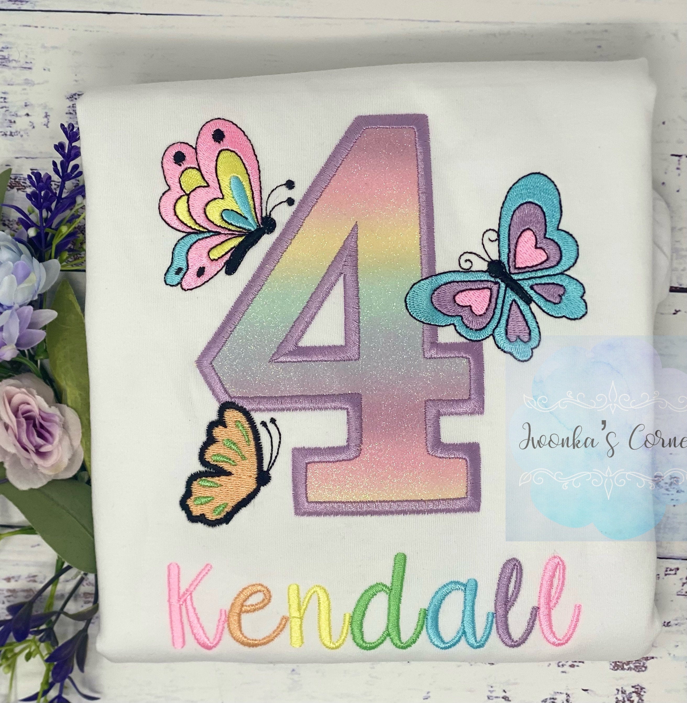 Girl embroidered shirt with pastel butterflies, Butterfly birthday theme party, 4th birthday colorful monarch butterfly embroidery