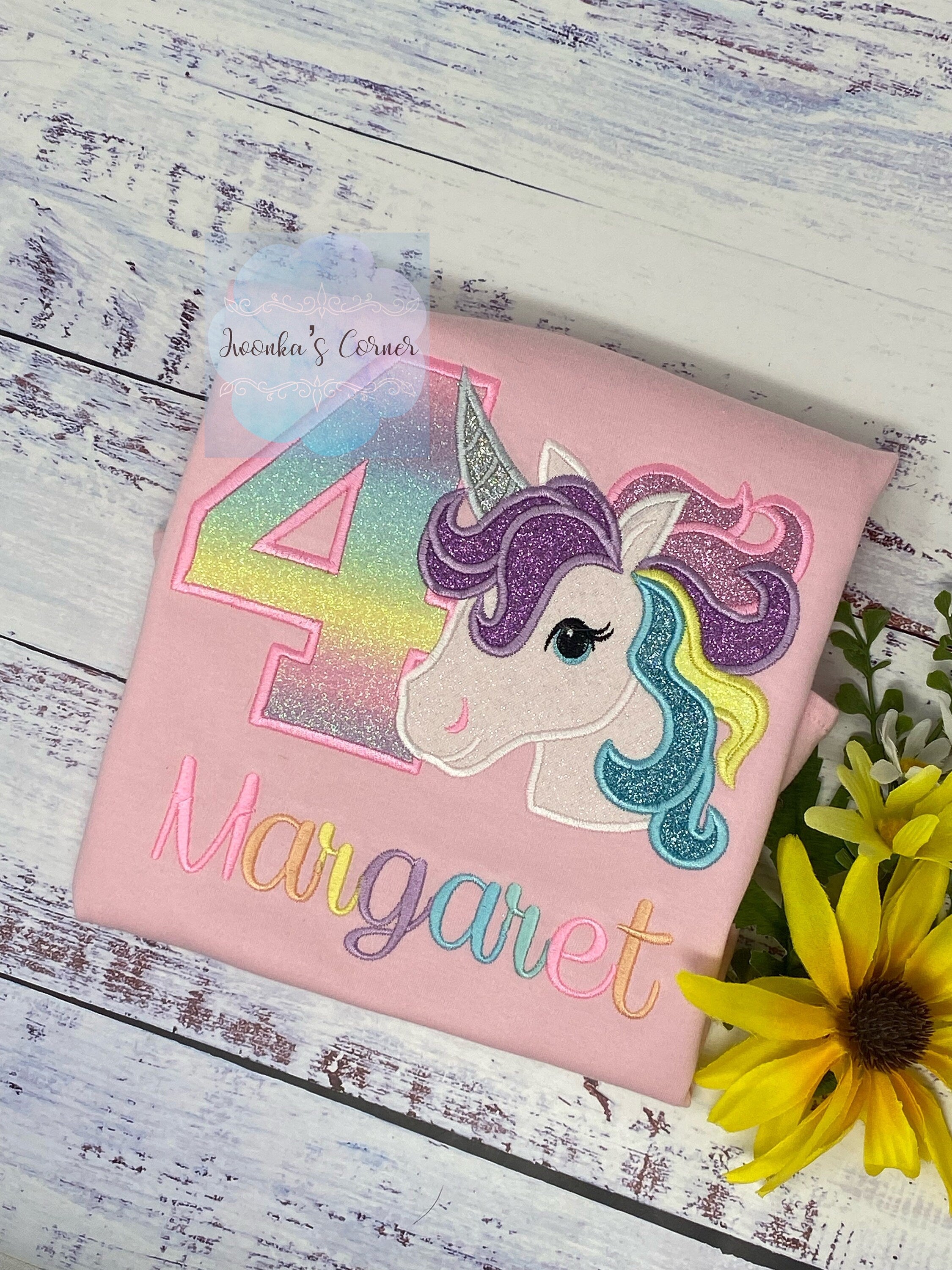 4th Birthday Pastel Unicorn Shirt, Girl Rainbow Pastel Unicorn Birthday Outfit, Rainbow Unicorn outfit, Unicorn embroidery, Personalized tee