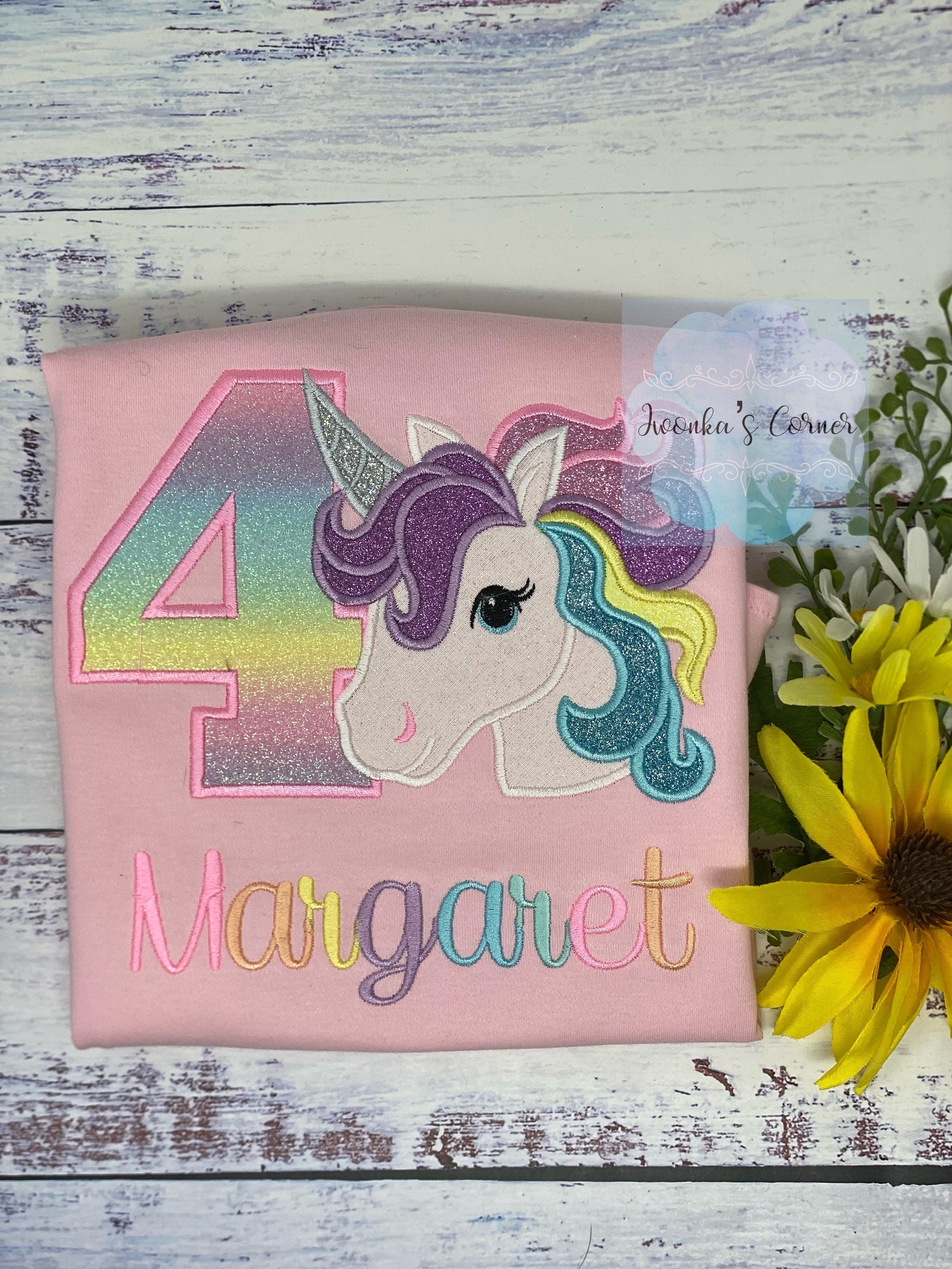 4th Birthday Pastel Unicorn Shirt, Girl Rainbow Pastel Unicorn Birthday Outfit, Rainbow Unicorn outfit, Unicorn embroidery, Personalized tee