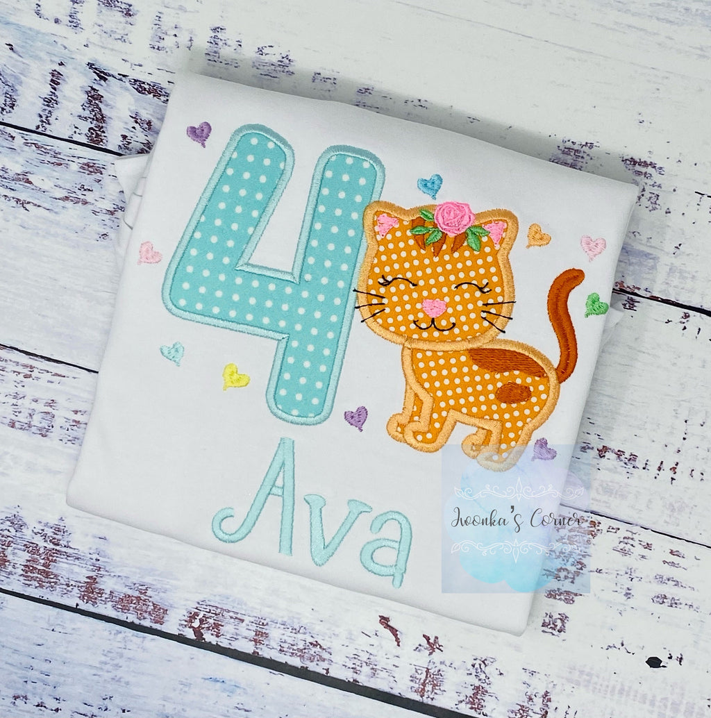 Girl 4th Birthday ruffle Shirt with Kitten, Personalized Shirt with Cute orange Cat, Polka dot kitty shirt