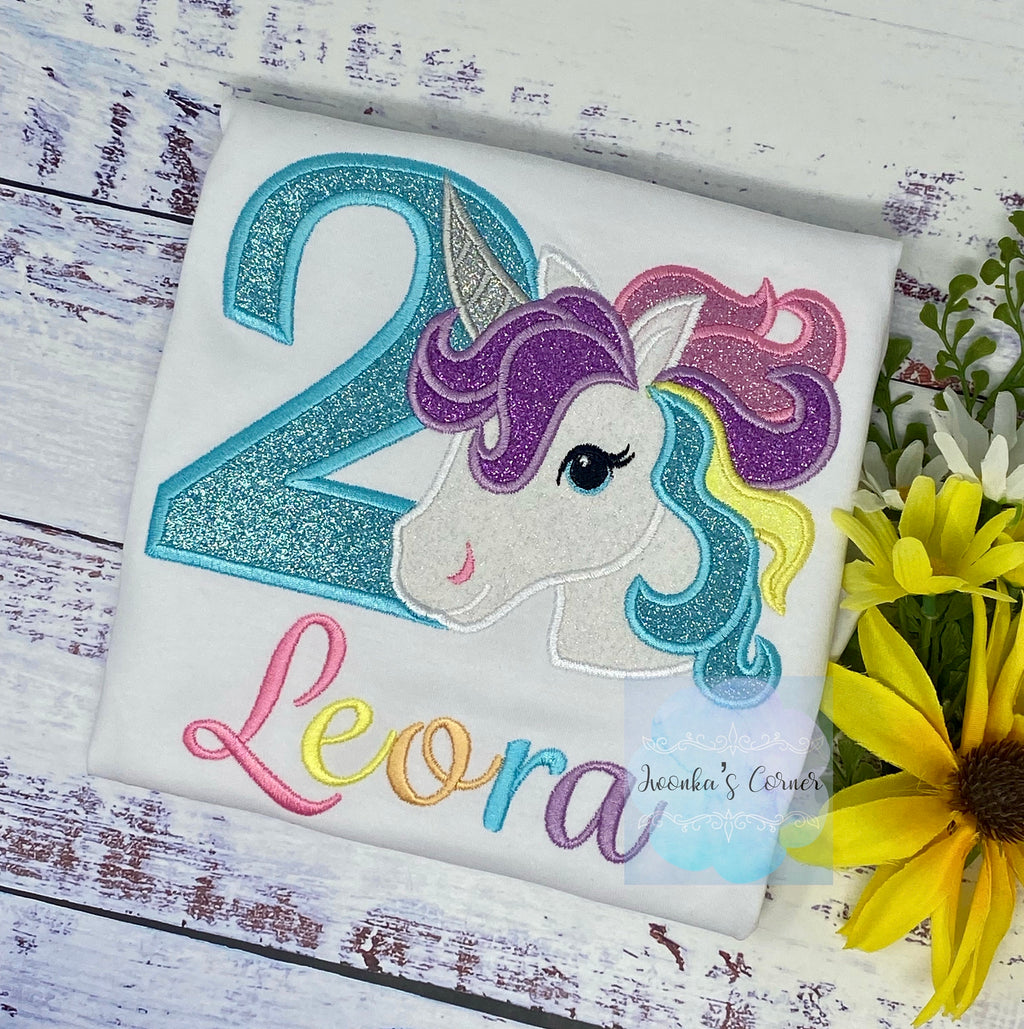 Girl 2nd Birthday pink Unicorn Shirt, Girl Rainbow Pastel Unicorn Birthday Outfit, Rainbow Unicorn Blue number, Unicorn embroidery, Any Agee