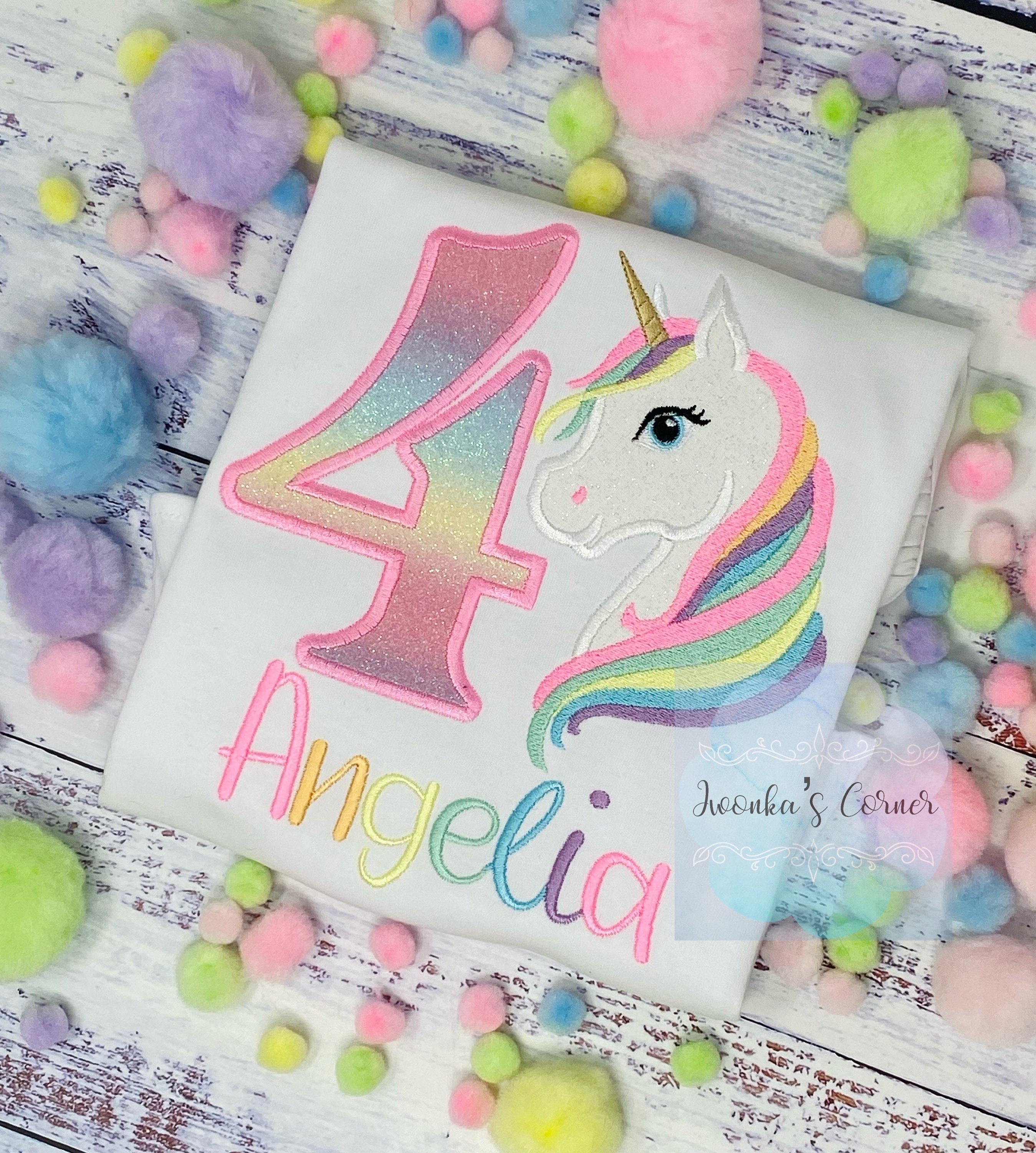 Girl 4th Birthday Pastel Unicorn and number Shirt, SHIPPING NEXT DAY, Girl Rainbow Pastel Unicorn Birthday, Rainbow Uni, Unicorn embroidery