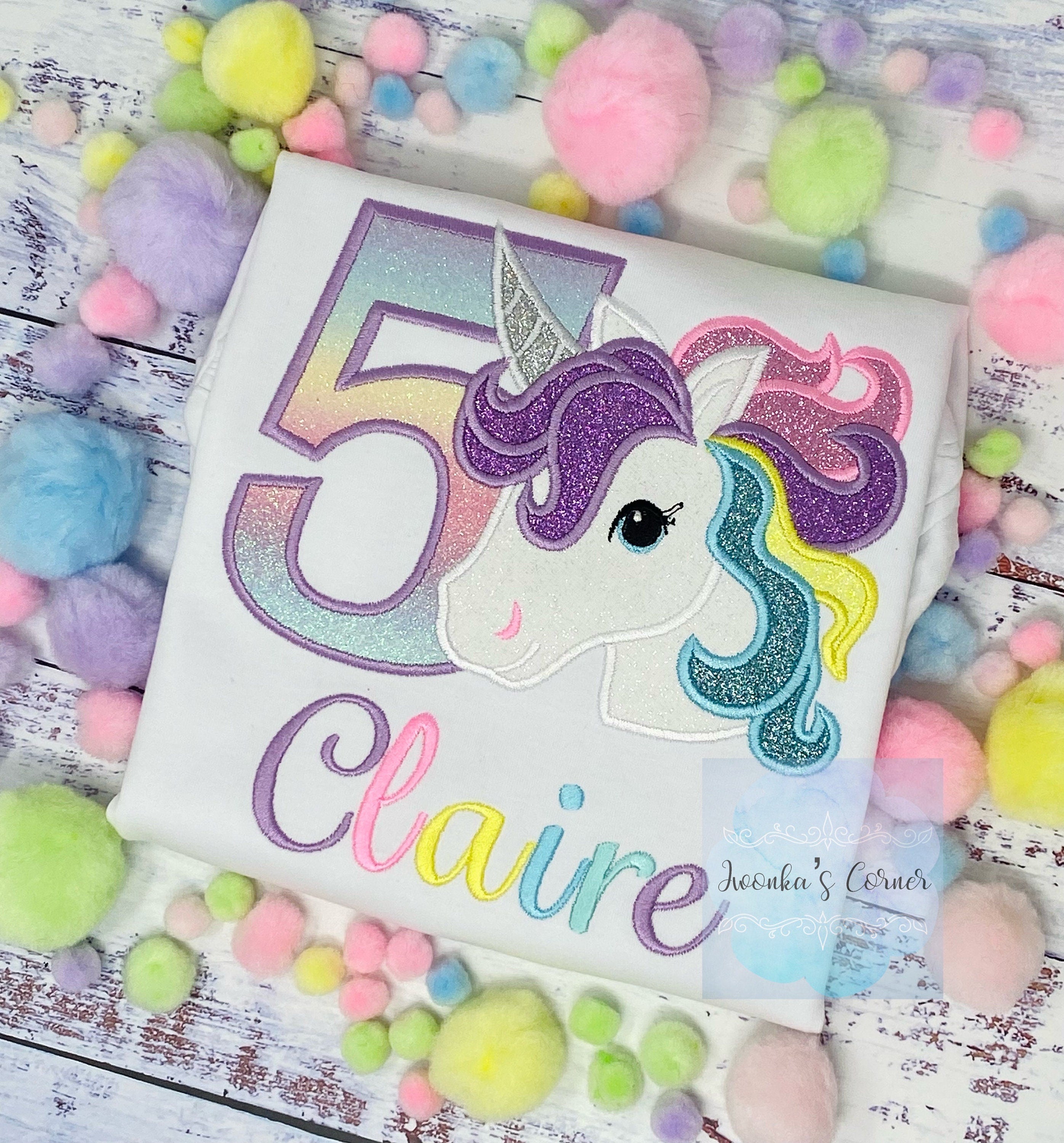 Girl 5th Rainbow Pastel Unicorn Birthday, 6th Birthday Pastel Unicorn Shirt, Unicorn birthday, Rainbow Unicorn, Custom Purple Uni Embroidery