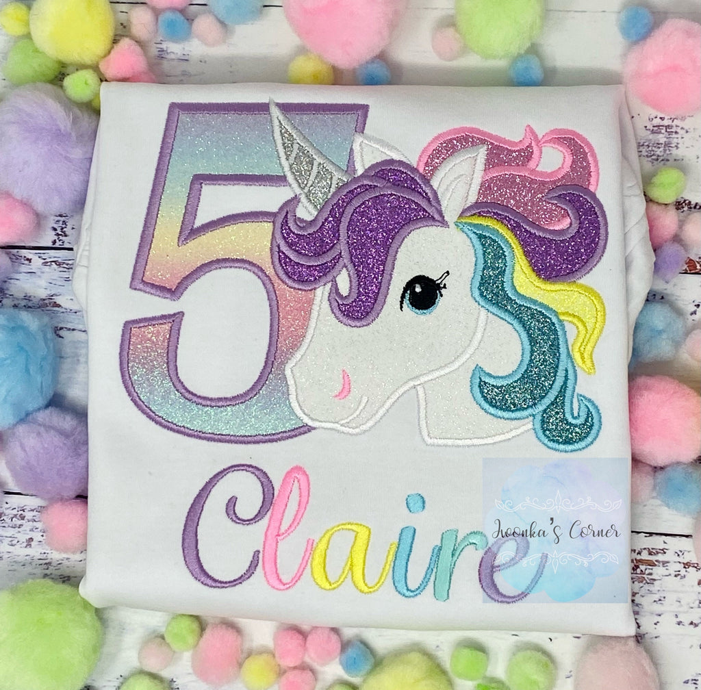 Girl 5th Rainbow Pastel Unicorn Birthday, 6th Birthday Pastel Unicorn Shirt, Unicorn birthday, Rainbow Unicorn, Custom Purple Uni Embroidery