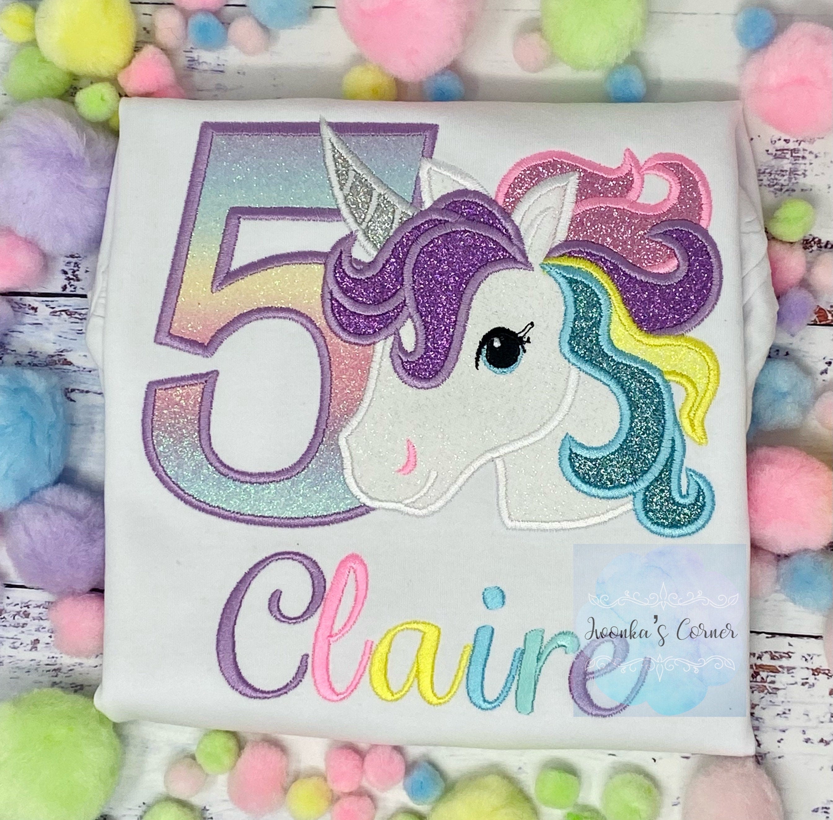 Girl 5th Rainbow Pastel Unicorn Birthday, 6th Birthday Pastel Unicorn Shirt, Unicorn birthday, Rainbow Unicorn, Custom Purple Uni Embroidery