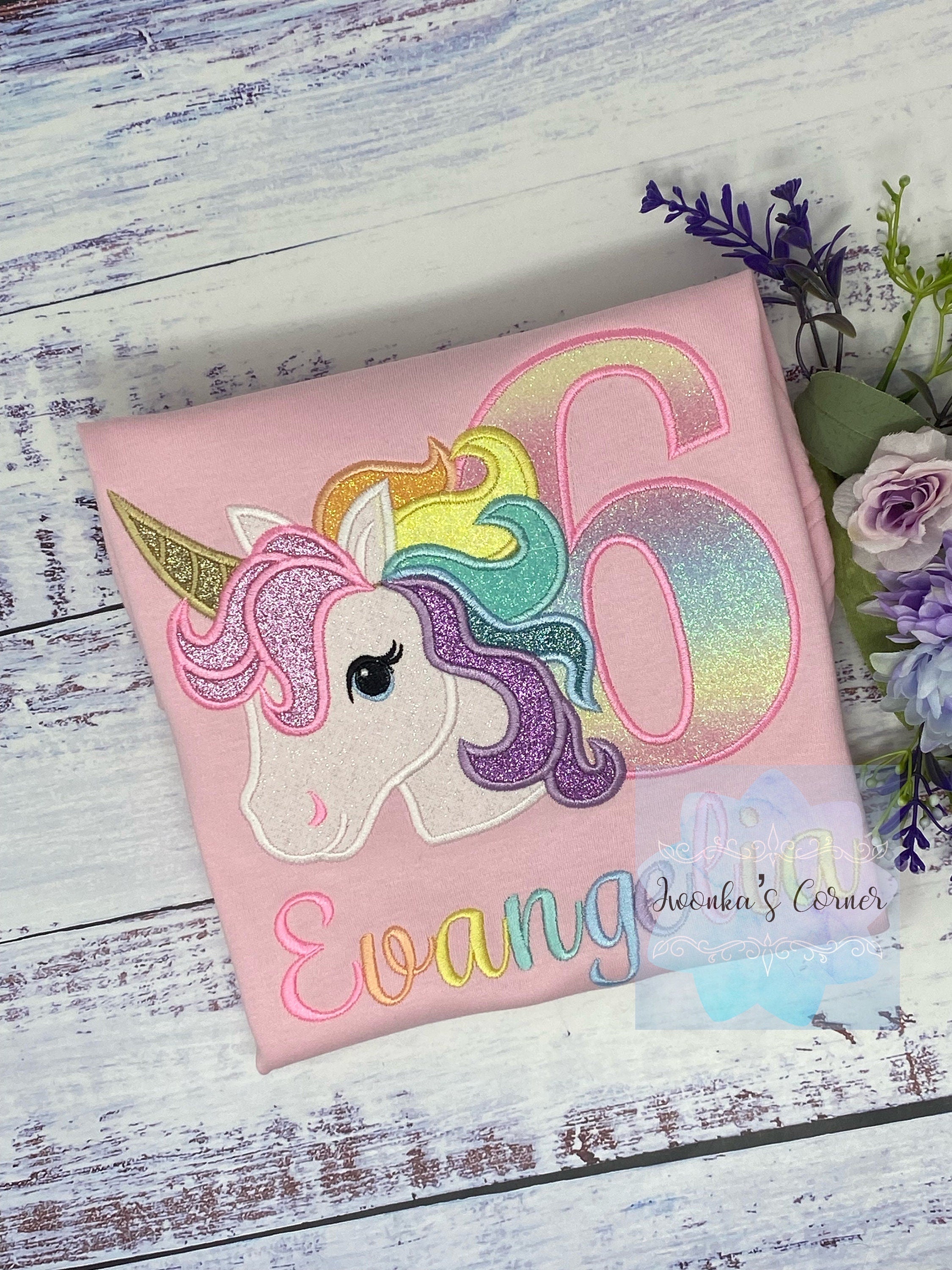 6th Birthday pink Unicorn Shirt, Girl Rainbow Pastel Unicorn Birthday , Rainbow Unicorn outfit, Unicorn embroidery, Any age, Pastel orange