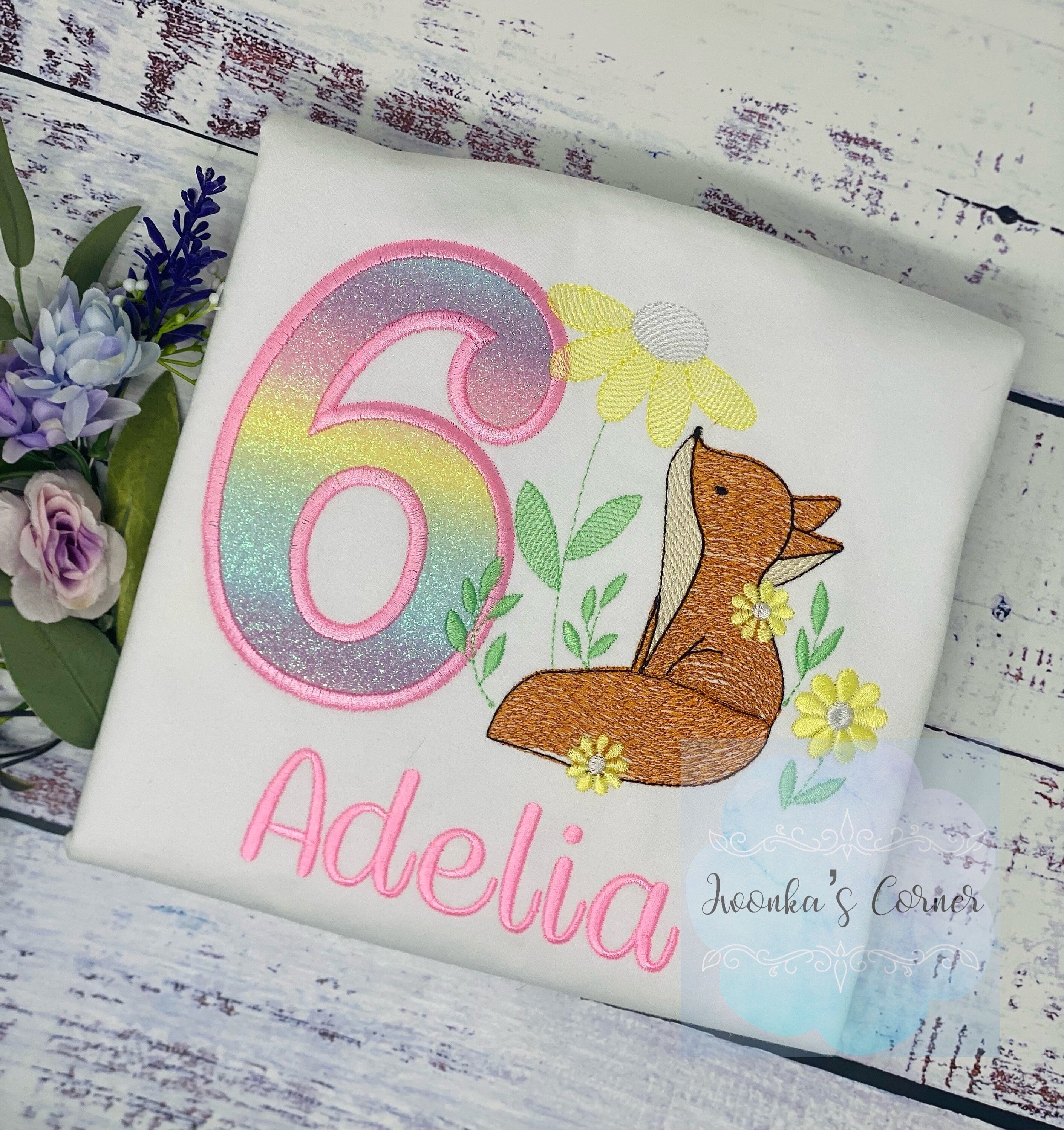 Girl embroidered shirt with fox, Fox birthday theme party, 6th birthday fox tee