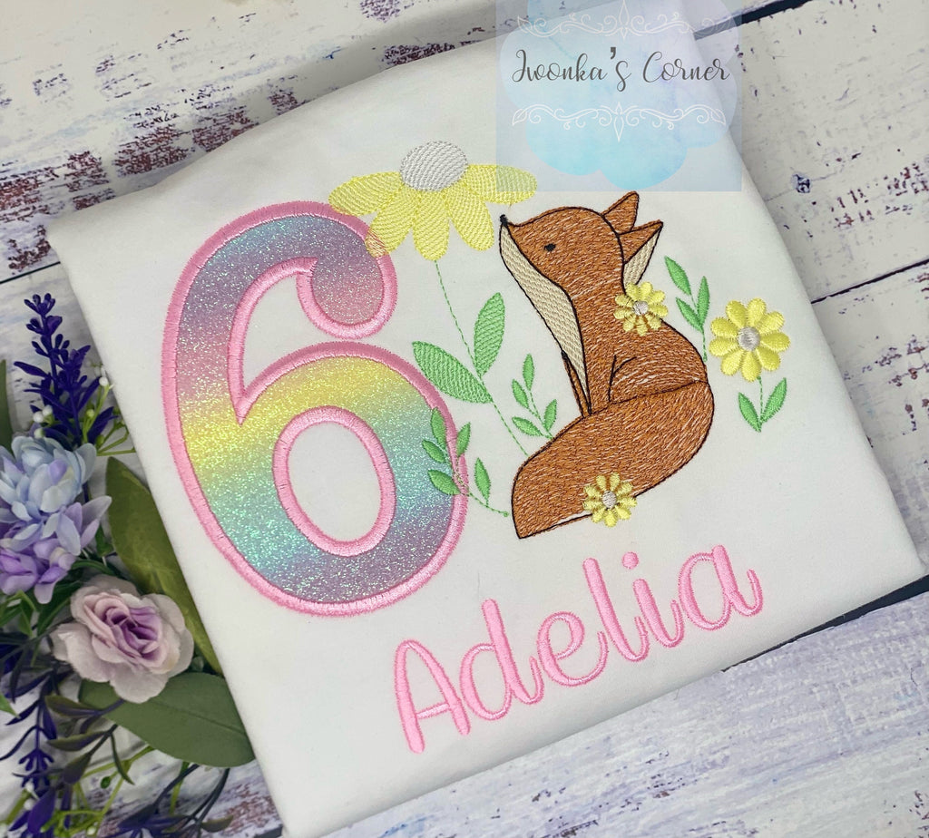 Girl embroidered shirt with fox, Fox birthday theme party, 5th birthday red fox tee