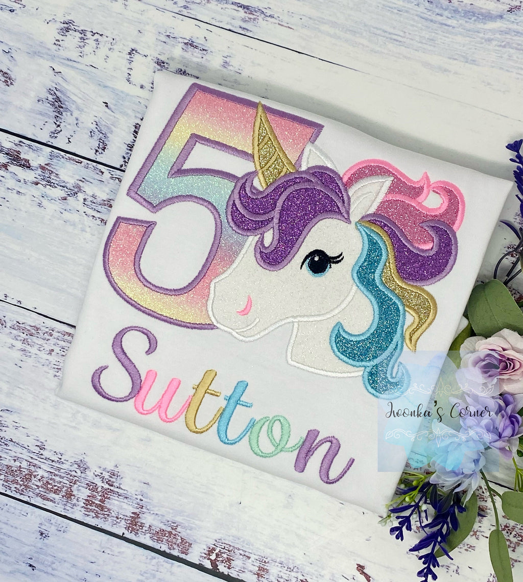 5th Birthday Purple Gold Unicorn Shirt, Girl Rainbow Pastel Unicorn Birthday Outfit, Rainbow Unicorn outfit, Unicorn embroidery, Any age