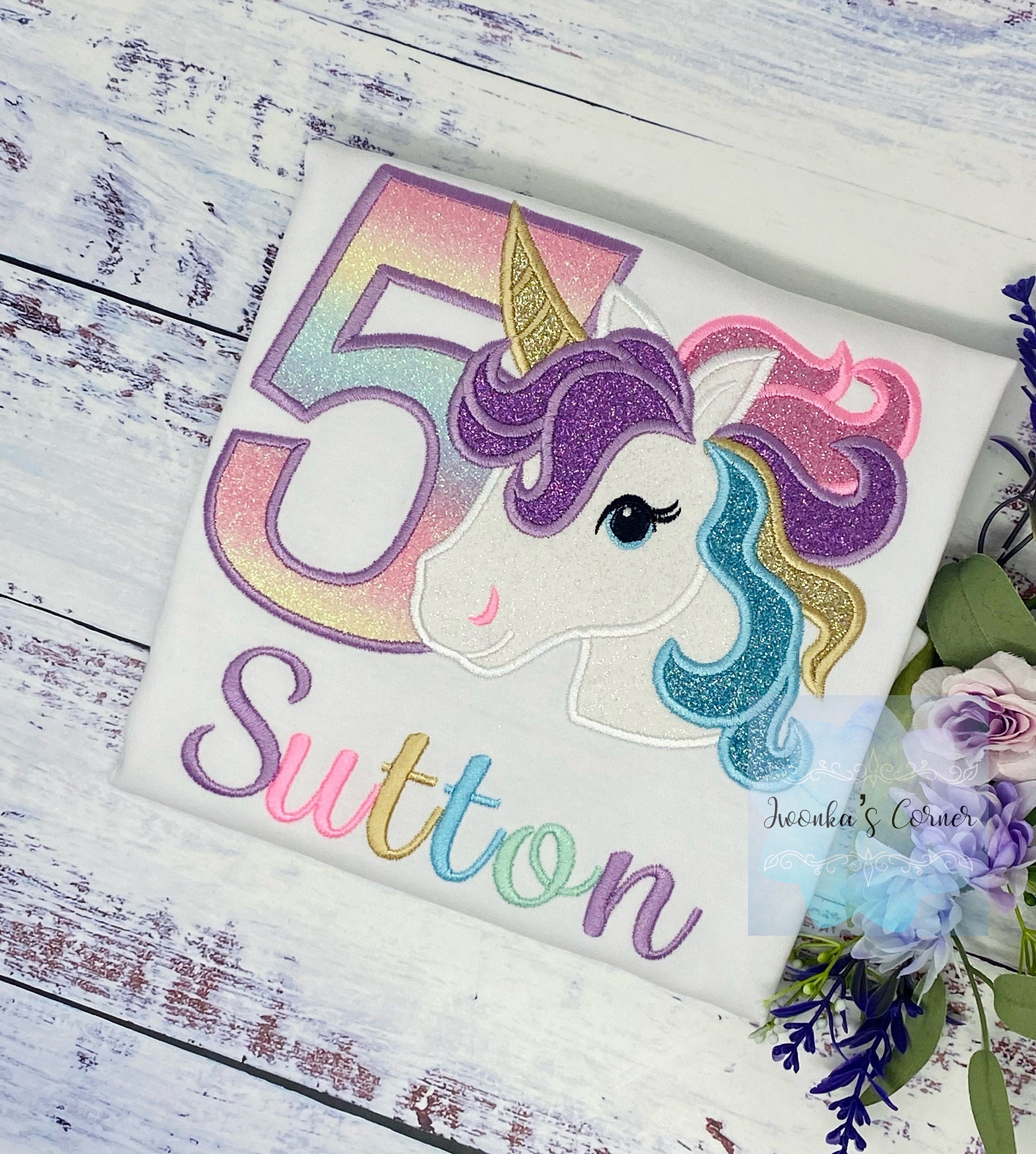 5th Birthday Purple Gold Unicorn Shirt, Girl Rainbow Pastel Unicorn Birthday Outfit, Rainbow Unicorn outfit, Unicorn embroidery, Any age