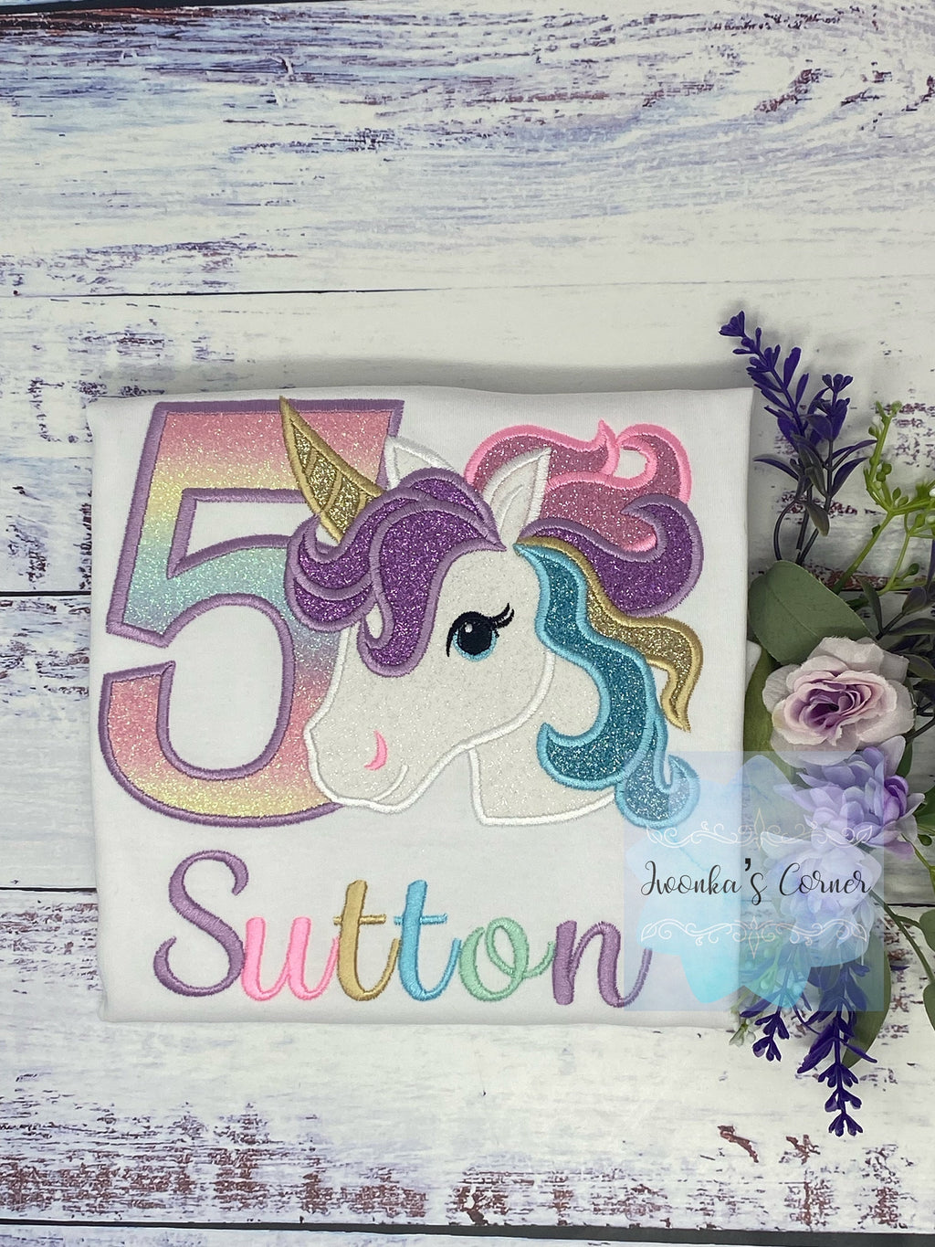 5th Birthday Purple Gold Unicorn Shirt, Girl Rainbow Pastel Unicorn Birthday Outfit, Rainbow Unicorn outfit, Unicorn embroidery, Any age