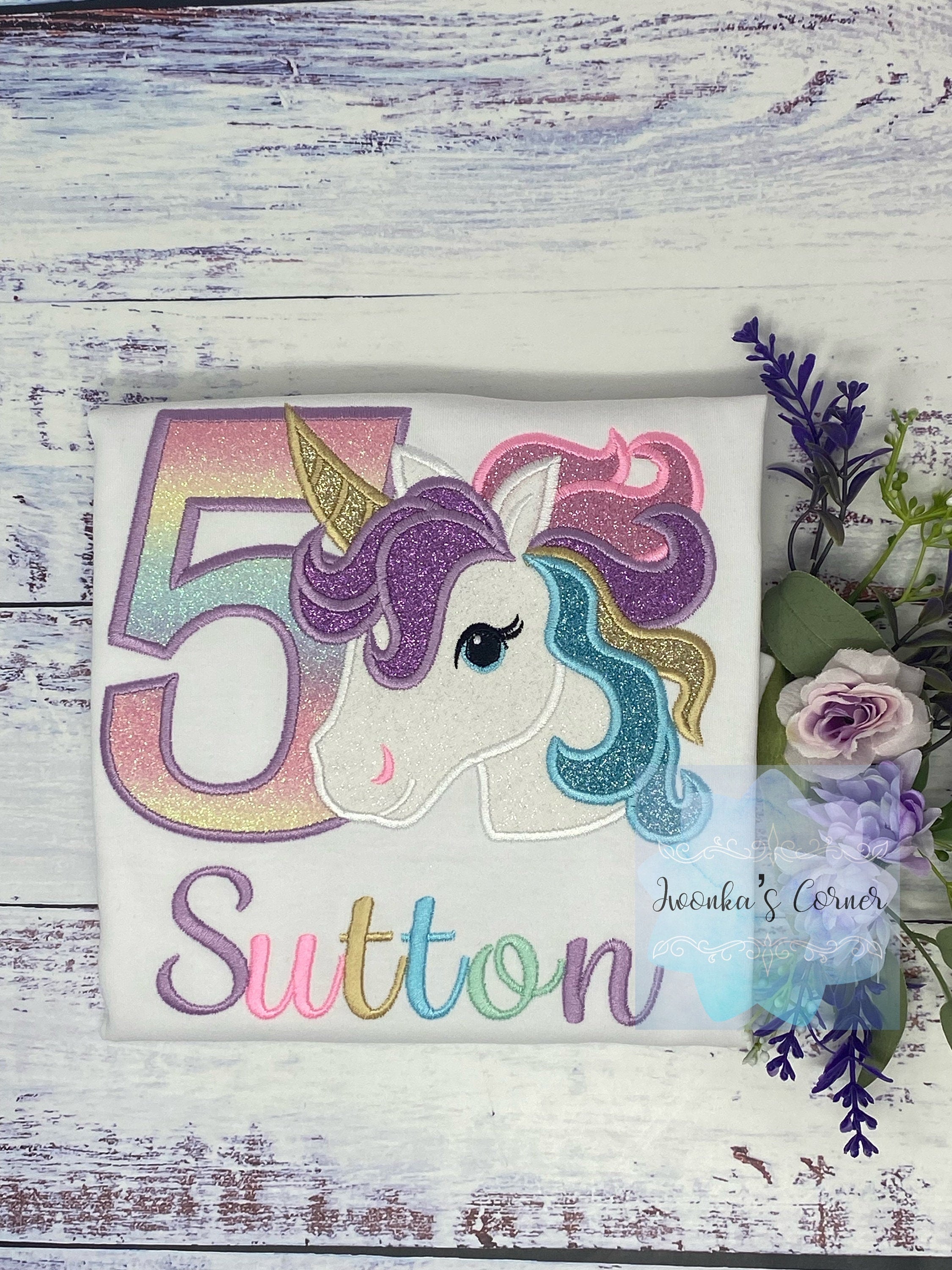 5th Birthday Purple Gold Unicorn Shirt, Girl Rainbow Pastel Unicorn Birthday Outfit, Rainbow Unicorn outfit, Unicorn embroidery, Any age