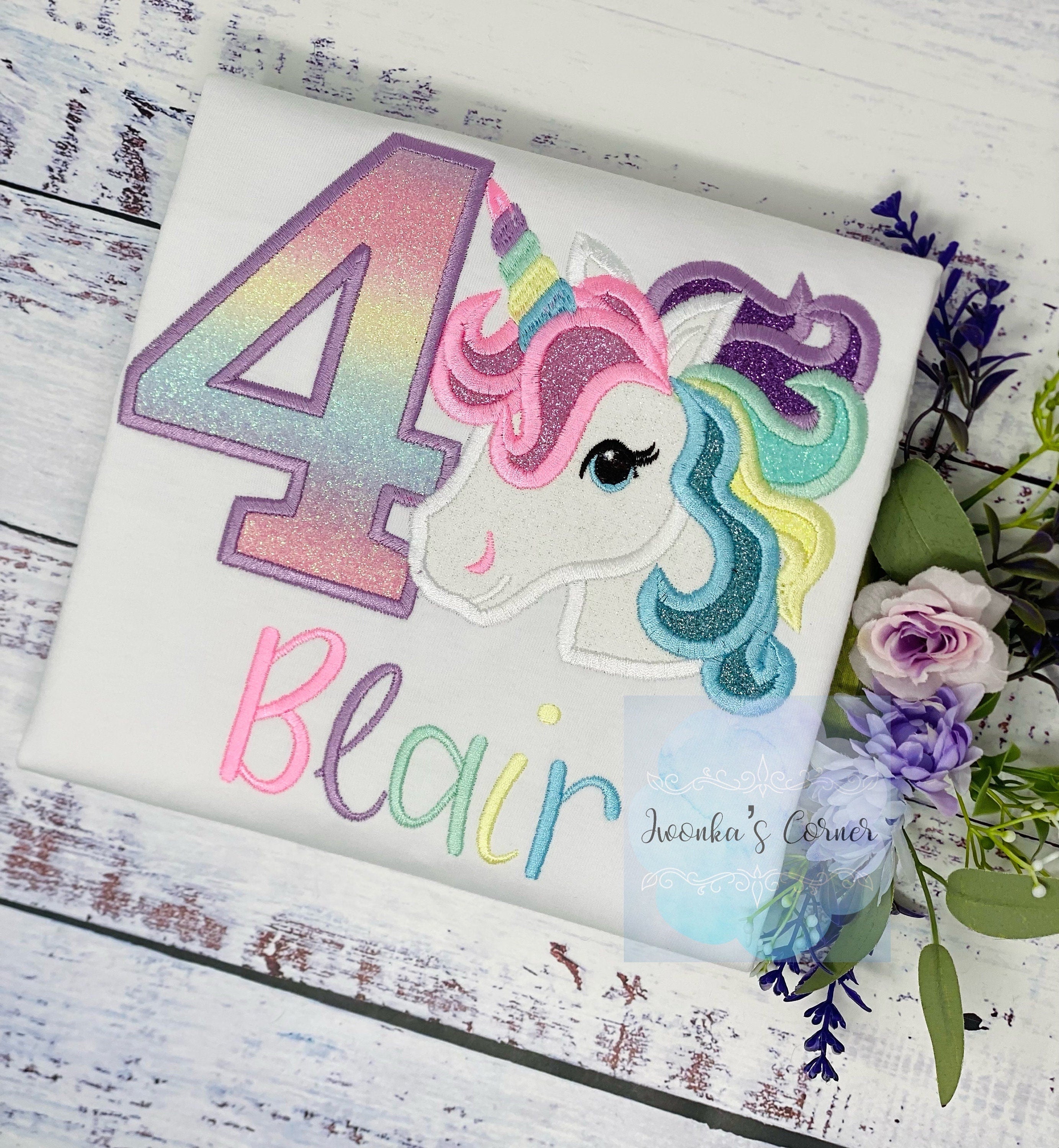 4th Birthday Purple Unicorn Design, Girl Rainbow Pastel Unicorn, Pastel Rainbow Uni Horn, Unicorn outfit, Unicorn embroidery, Any age