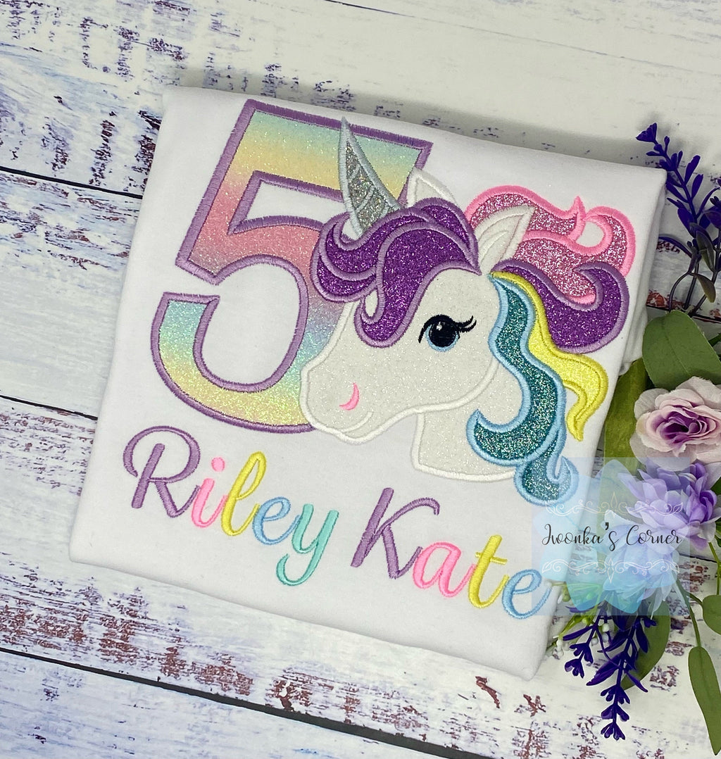 5th Birthday Purple Unicorn Design, Girl Rainbow Pastel Unicorn Birthday Outfit, Rainbow Unicorn outfit, Unicorn embroidery, Any age
