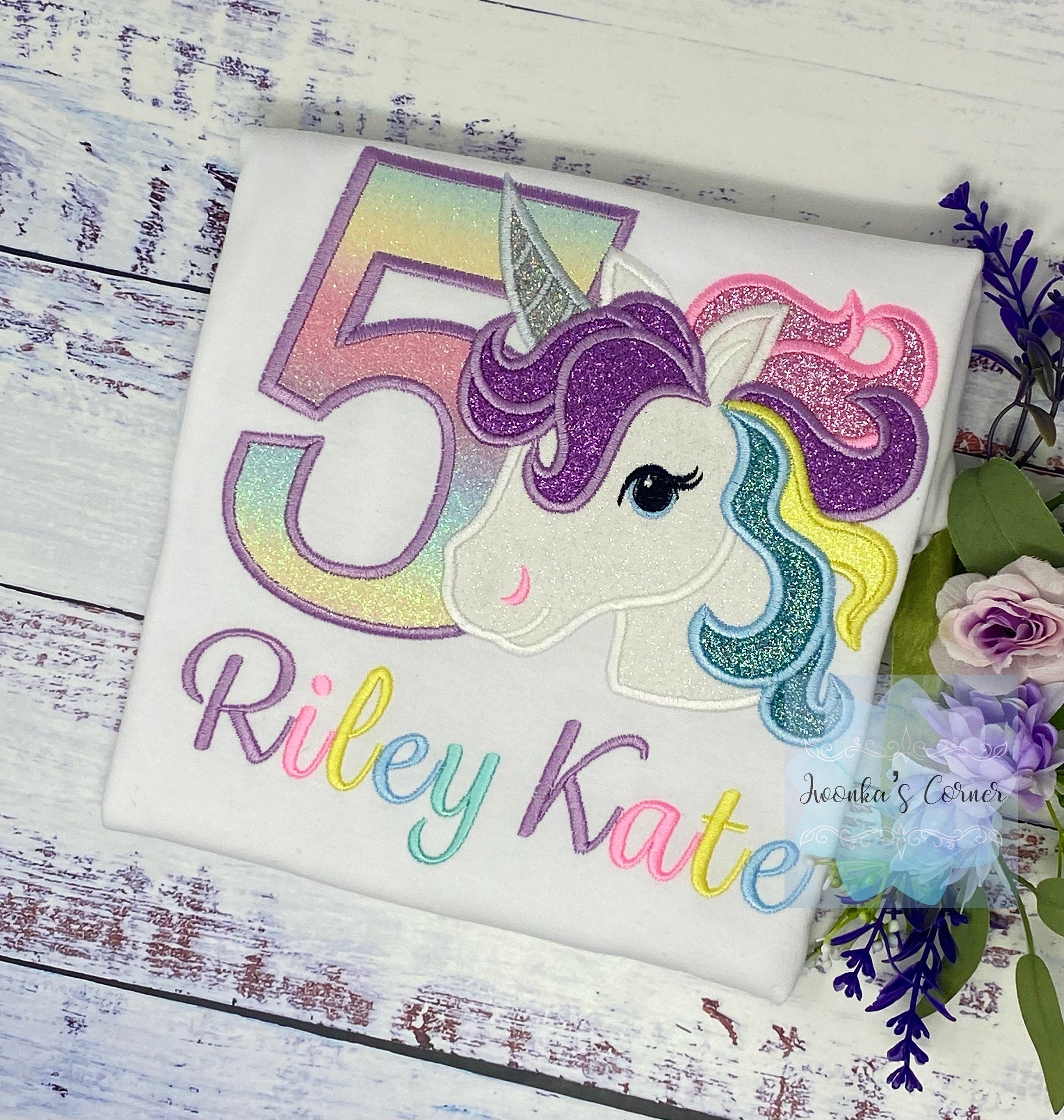 5th Birthday Purple Unicorn Design, Girl Rainbow Pastel Unicorn Birthday Outfit, Rainbow Unicorn outfit, Unicorn embroidery, Any age