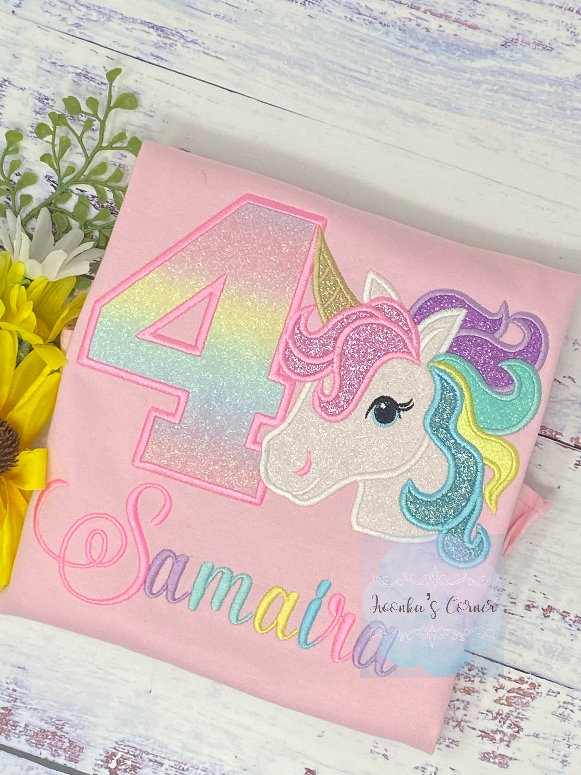 4th Birthday pink Unicorn Shirt, Girl Pastel Rainbow Unicorn Birthday Outfit, Rainbow Unicorn outfit, Unicorn embroidery, Script Font