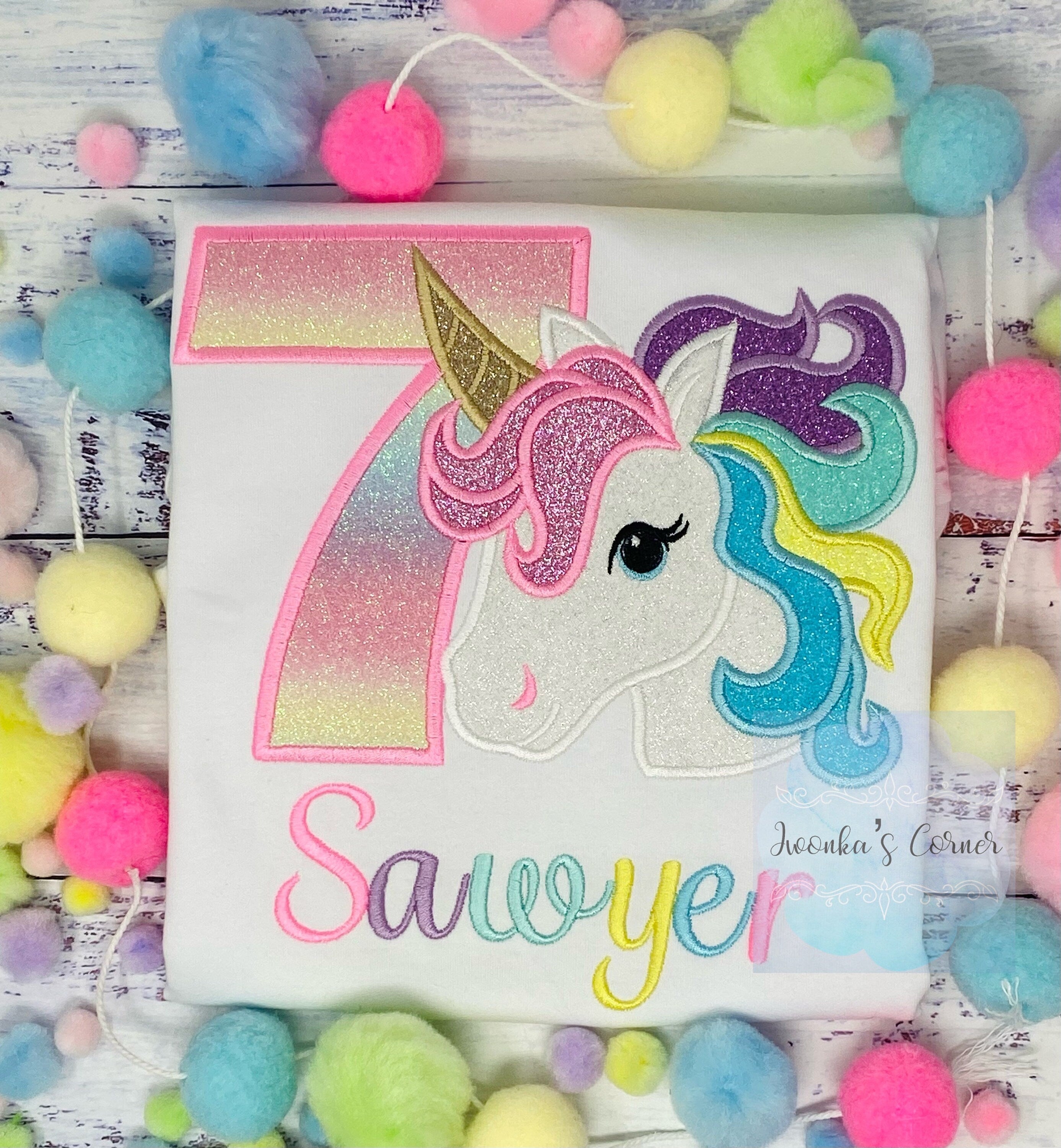 7th Birthday Unicorn Shirt, Girl Embroidery Pastel Rainbow Uni, Birthday Outfit, Rainbow Unicorn outfit, Unicorn embroidery, Script Font