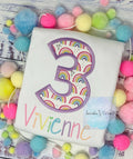 Girl 3rd Birthday Shirt Filled with Rainbows, number, Pastel Rainbow birthday Tee, Hearts and Rainbows, Number Applique, Custom Embroidery,