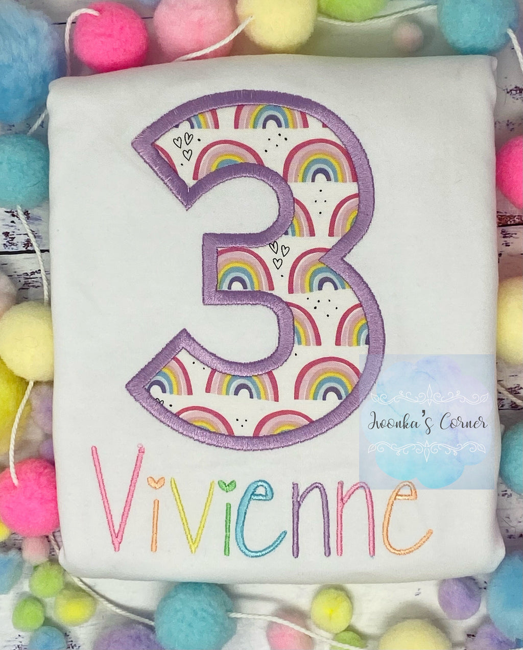 Girl 3rd Birthday Shirt Filled with Rainbows, number, Pastel Rainbow birthday Tee, Hearts and Rainbows, Number Applique, Custom Embroidery,