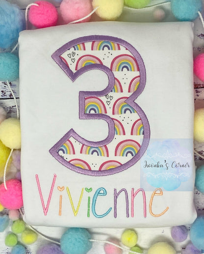 Girl 3rd Birthday Shirt Filled with Rainbows, number, Pastel Rainbow birthday Tee, Hearts and Rainbows, Number Applique, Custom Embroidery,