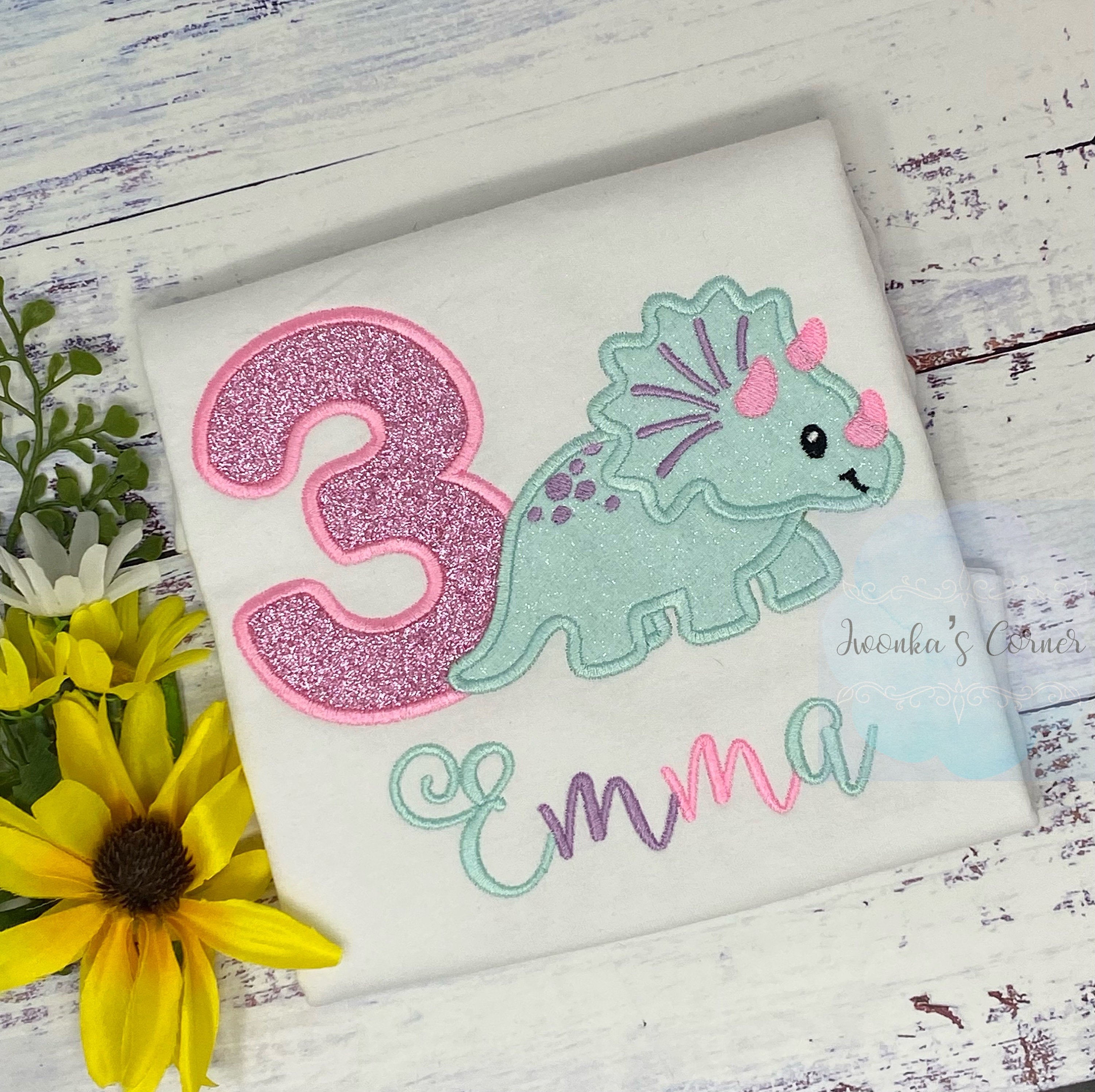 Girl 3rd Birthday Dinosaur Shirt, Glitter Dinozaur, Triceratops Personalized Embroidery, Pink Glitter Dinozaur,