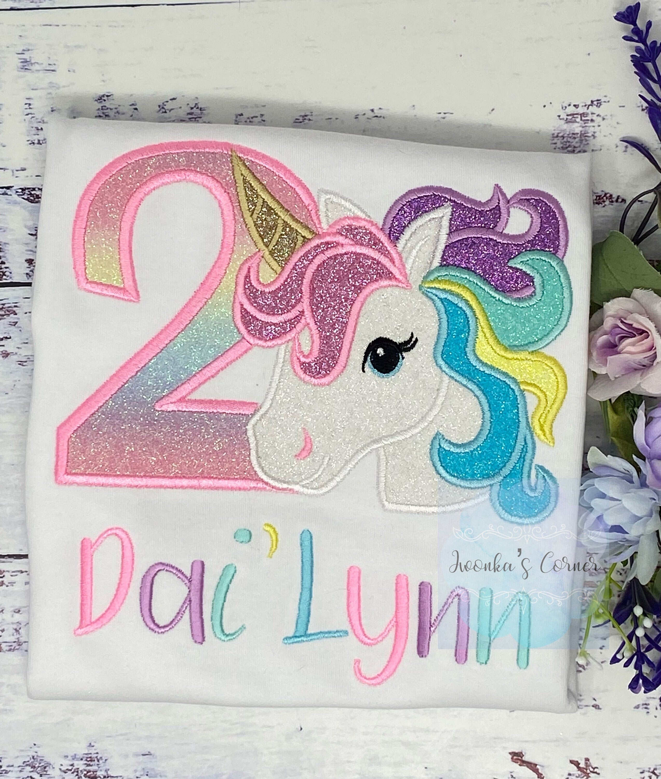 Girl Pastel Unicorn Birthday Outfit, 2nd Birthday Pastel Unicorn Tee, Unicorn Theme birthday, Colorful Uni Tee , Unicorn custom embroidery