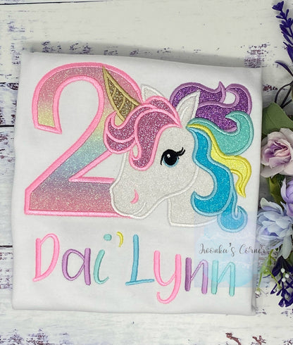 Girl Pastel Unicorn Birthday Outfit, 2nd Birthday Pastel Unicorn Tee, Unicorn Theme birthday, Colorful Uni Tee , Unicorn custom embroidery