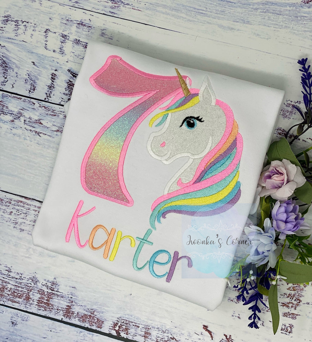 Girl Pastel Unicorn Birthday Outfit, 7th Birthday Pastel Unicorn Tee, Unicorn Theme birthday, Colorful Uni Tee , Unicorn custom embroidery