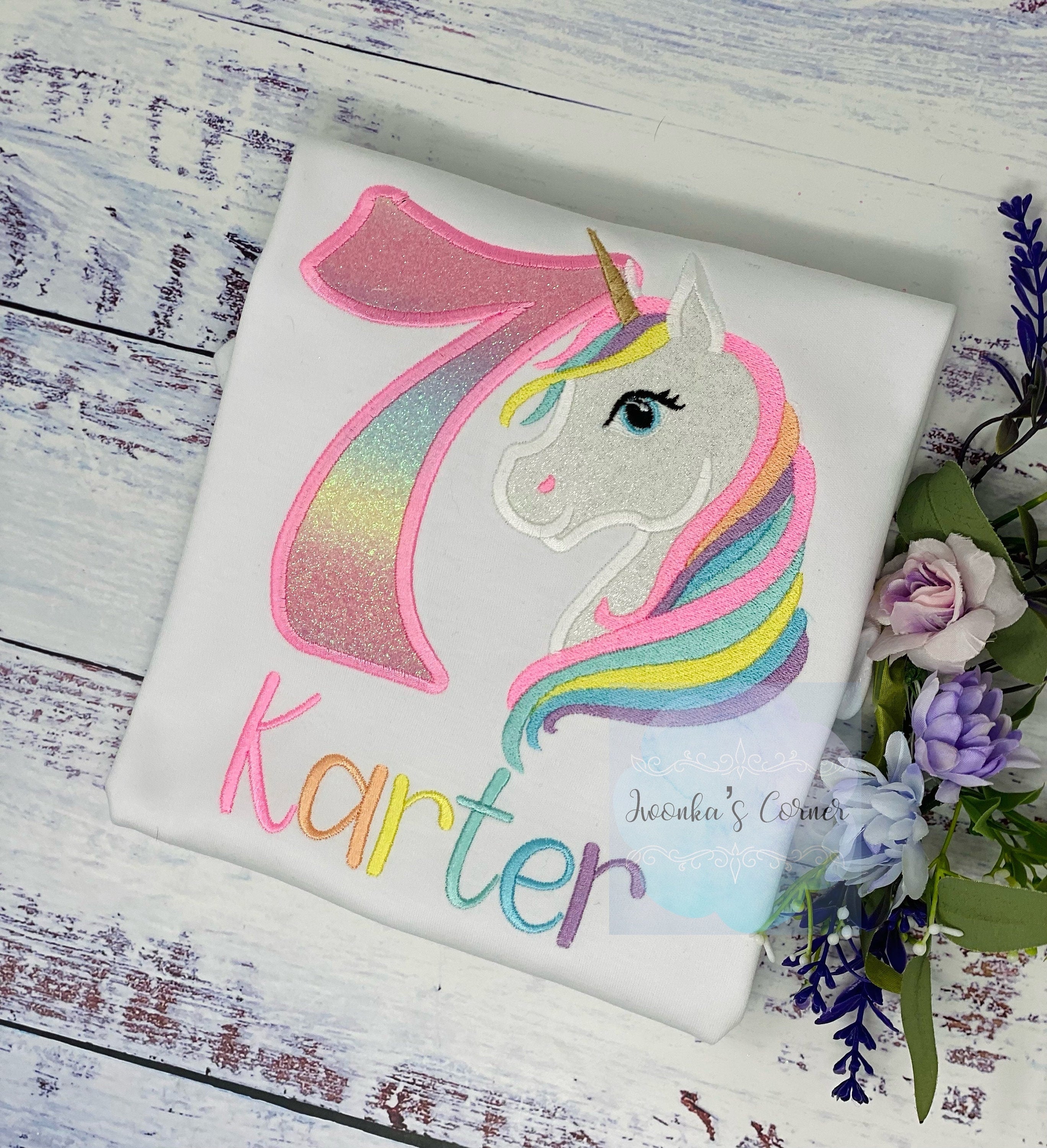 Girl Pastel Unicorn Birthday Outfit, 7th Birthday Pastel Unicorn Tee, Unicorn Theme birthday, Colorful Uni Tee , Unicorn custom embroidery