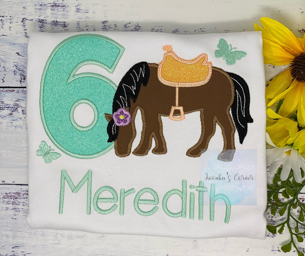 Girl 6th Birthday Shirt With Brown Bay Horse, Mint number, Birthday Shirt with Ponny and Saddle, Horse Embroidery Birthday Shirt